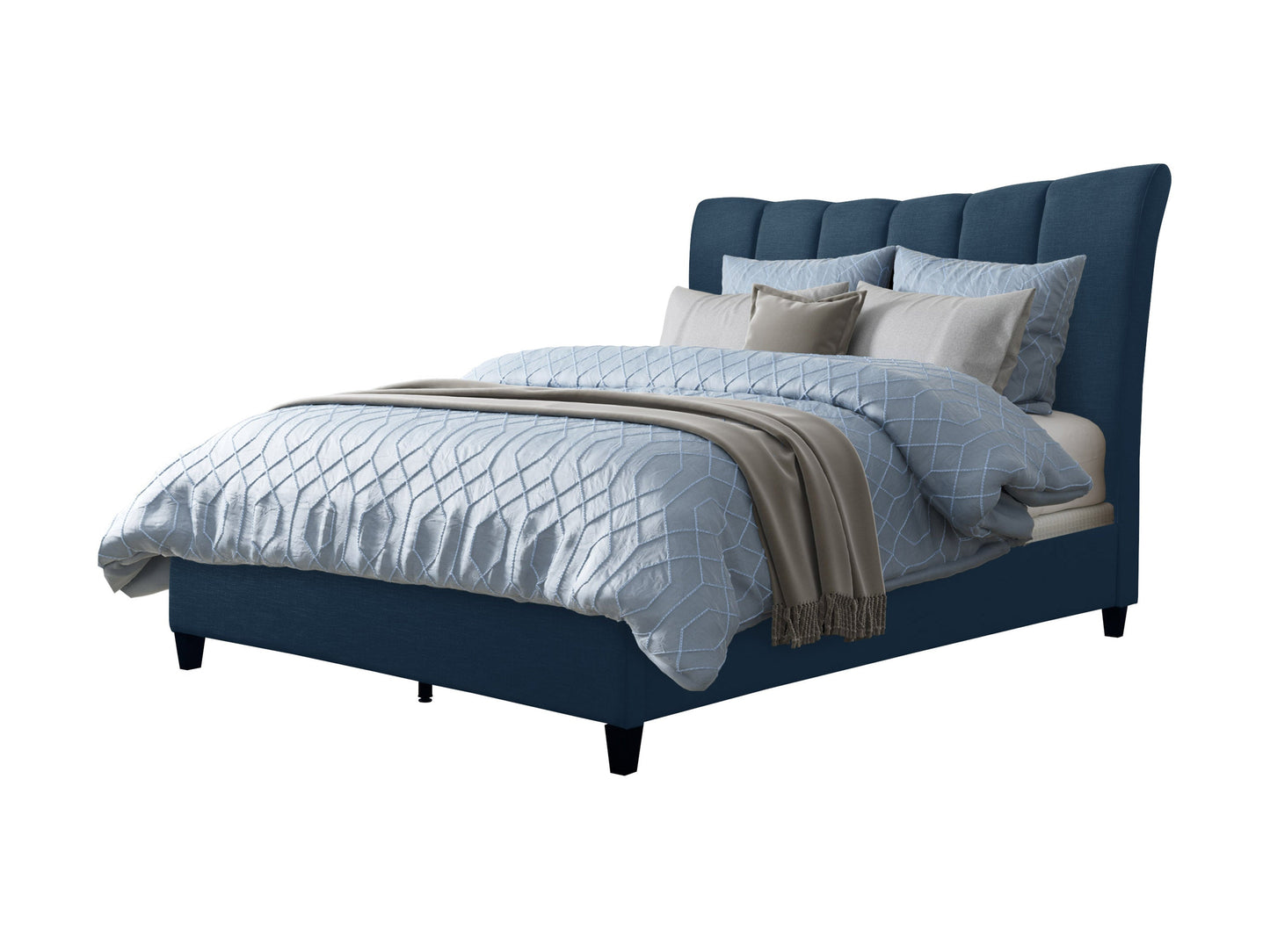 Navy blue channel tufted double/full bed with plush velvet upholstery, sleek modern design, and sturdy wooden legs. Perfect for adding a touch of elegance and comfort to any bedroom decor.