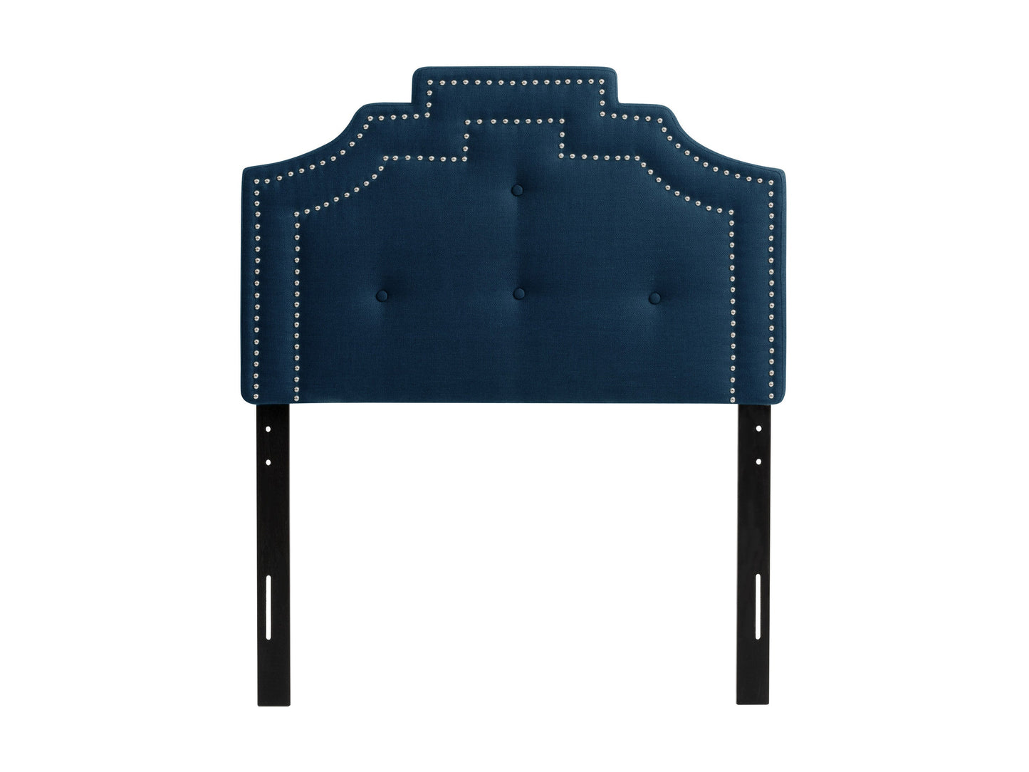 Navy blue padded headboard for twin/single bed, featuring soft fabric upholstery, tufted design with button accents, and sturdy wooden frame. Ideal for modern bedroom decor and comfortable support.