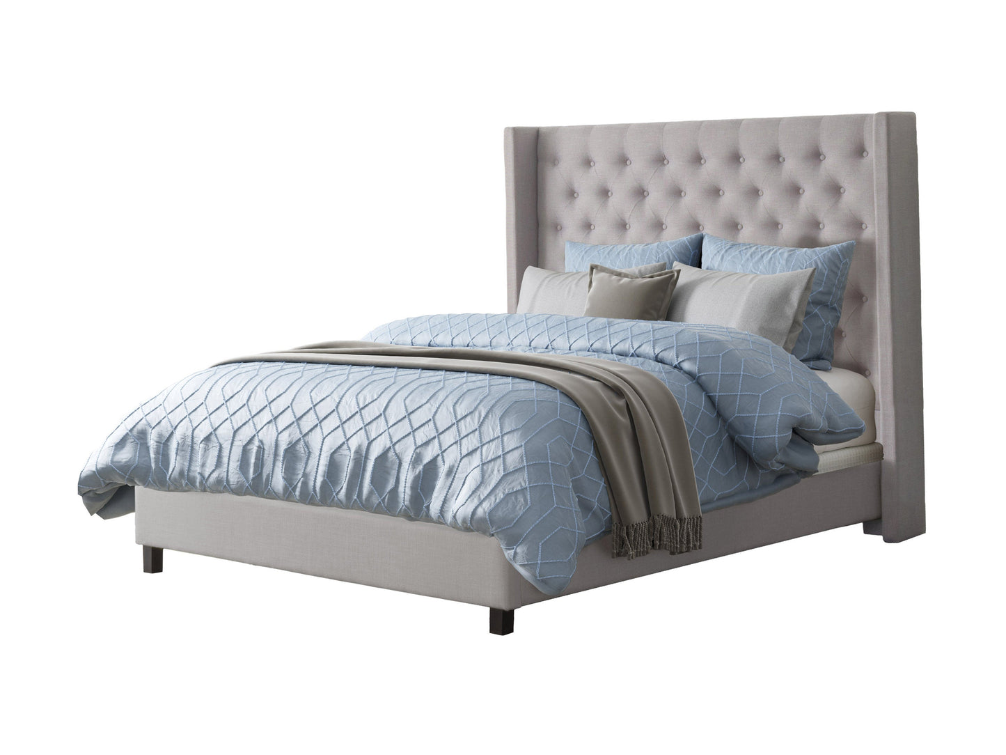 Tufted king bed with grey upholstered headboard, featuring button-tufted detailing, wooden legs, and a sturdy frame. Perfect for modern bedroom decor.