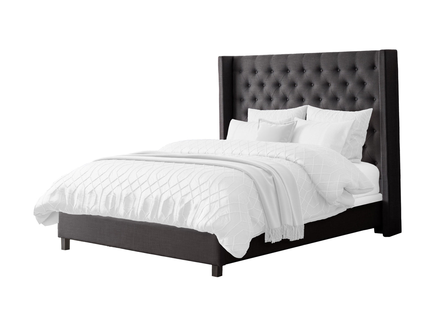 Dark grey tufted queen bed with slats, featuring a plush upholstered headboard with button detailing, sturdy wooden frame, and elegant modern design, perfect for contemporary bedroom decor.