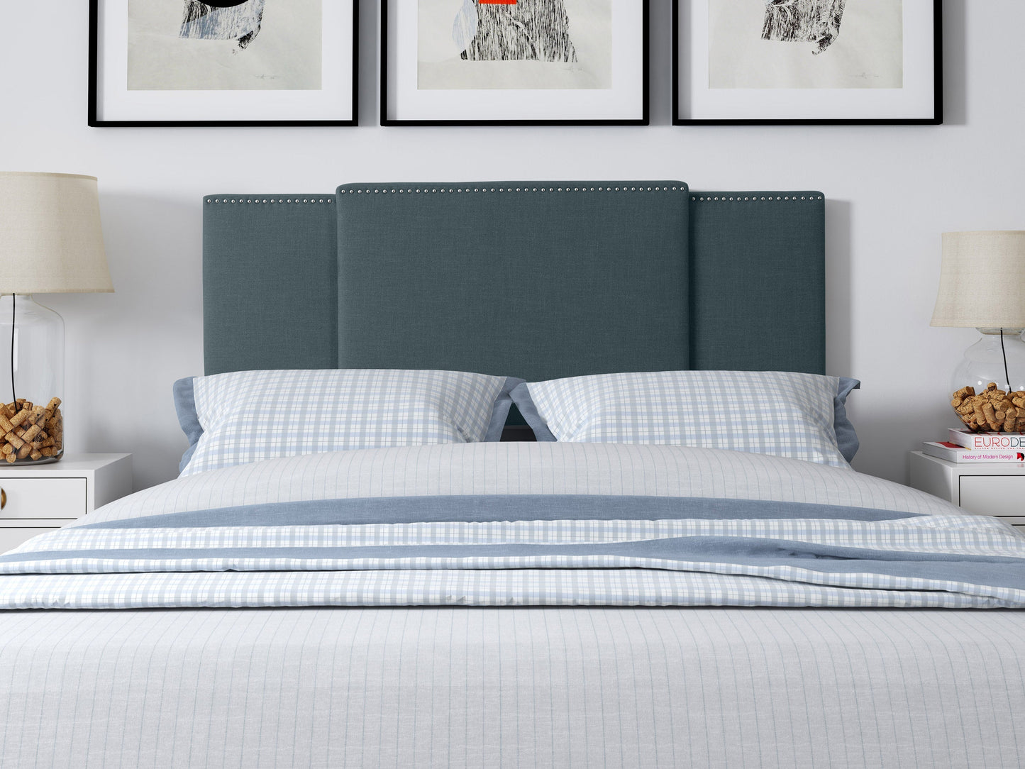 Blue adjustable headboard with tufted fabric, soft texture, and sleek design, perfect for modern bedrooms.