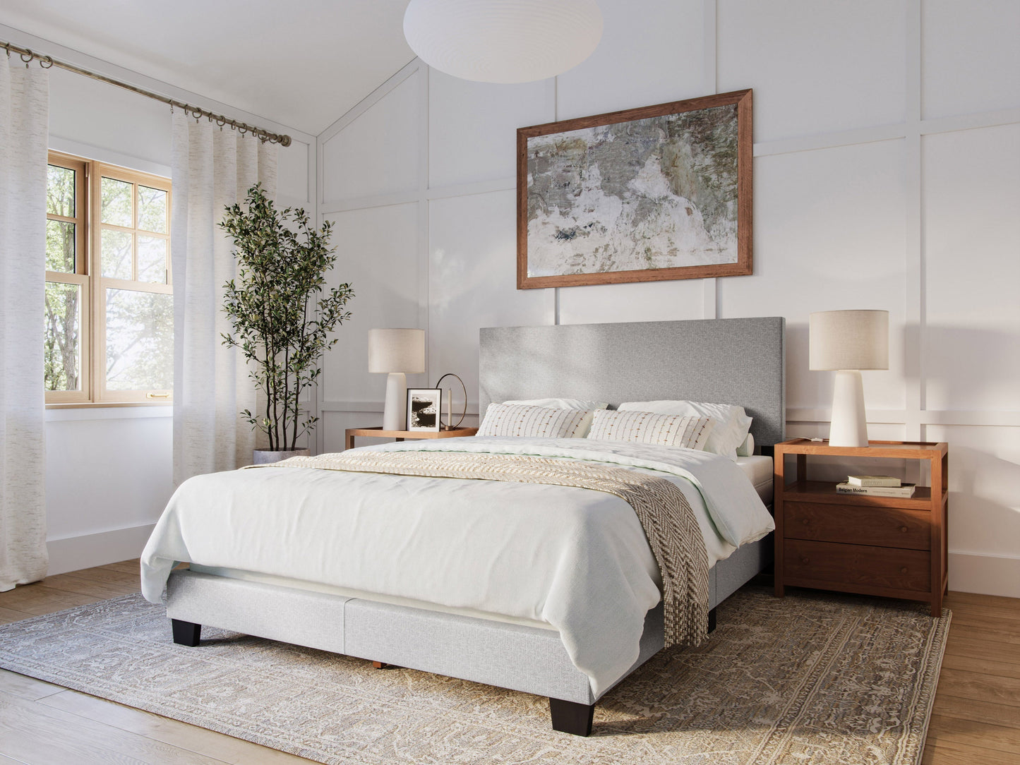 Light grey modern queen bed with upholstered headboard, sleek wooden frame, and minimalist design. Perfect for contemporary bedrooms, offering comfort and stylish elegance.