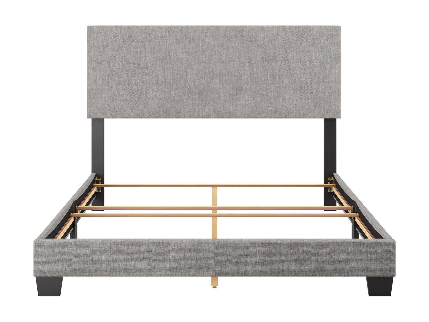 Light grey modern queen bed with upholstered headboard, sleek wooden frame, and minimalist design. Perfect for contemporary bedrooms, offering comfort and stylish elegance.