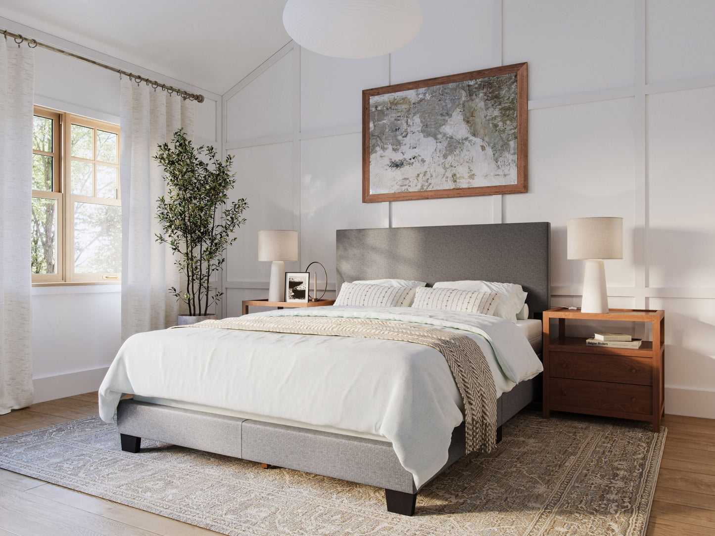 Grey modern queen bed with upholstered headboard, sleek wooden frame, and minimalist design, perfect for contemporary bedrooms.