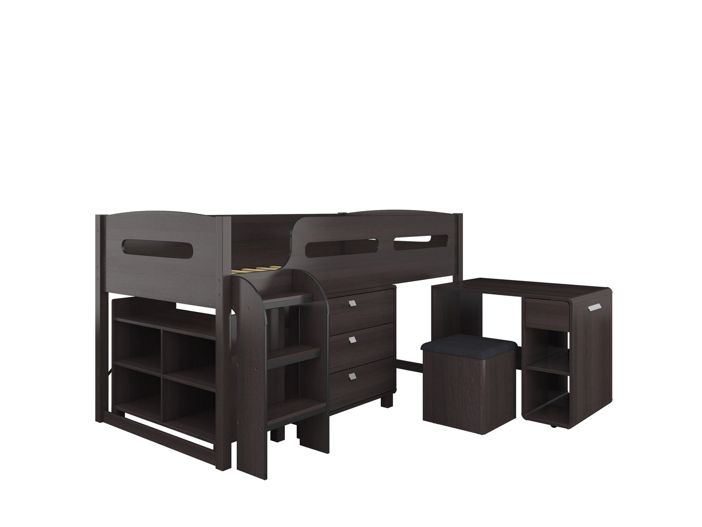 Espresso twin loft bed with built-in desk, sturdy wooden frame, ladder access, and safety rails. Ideal space-saving solution for kids' or teens' rooms, combining sleep and study areas in one stylish design.