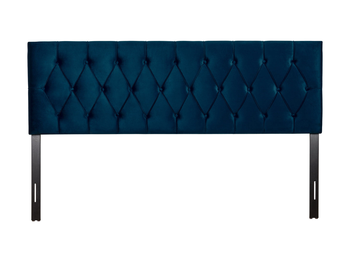 Navy blue velvet headboard for king-sized bed, featuring a plush, tufted design with button detailing and a luxurious, soft texture, perfect for adding elegance and comfort to your bedroom decor.