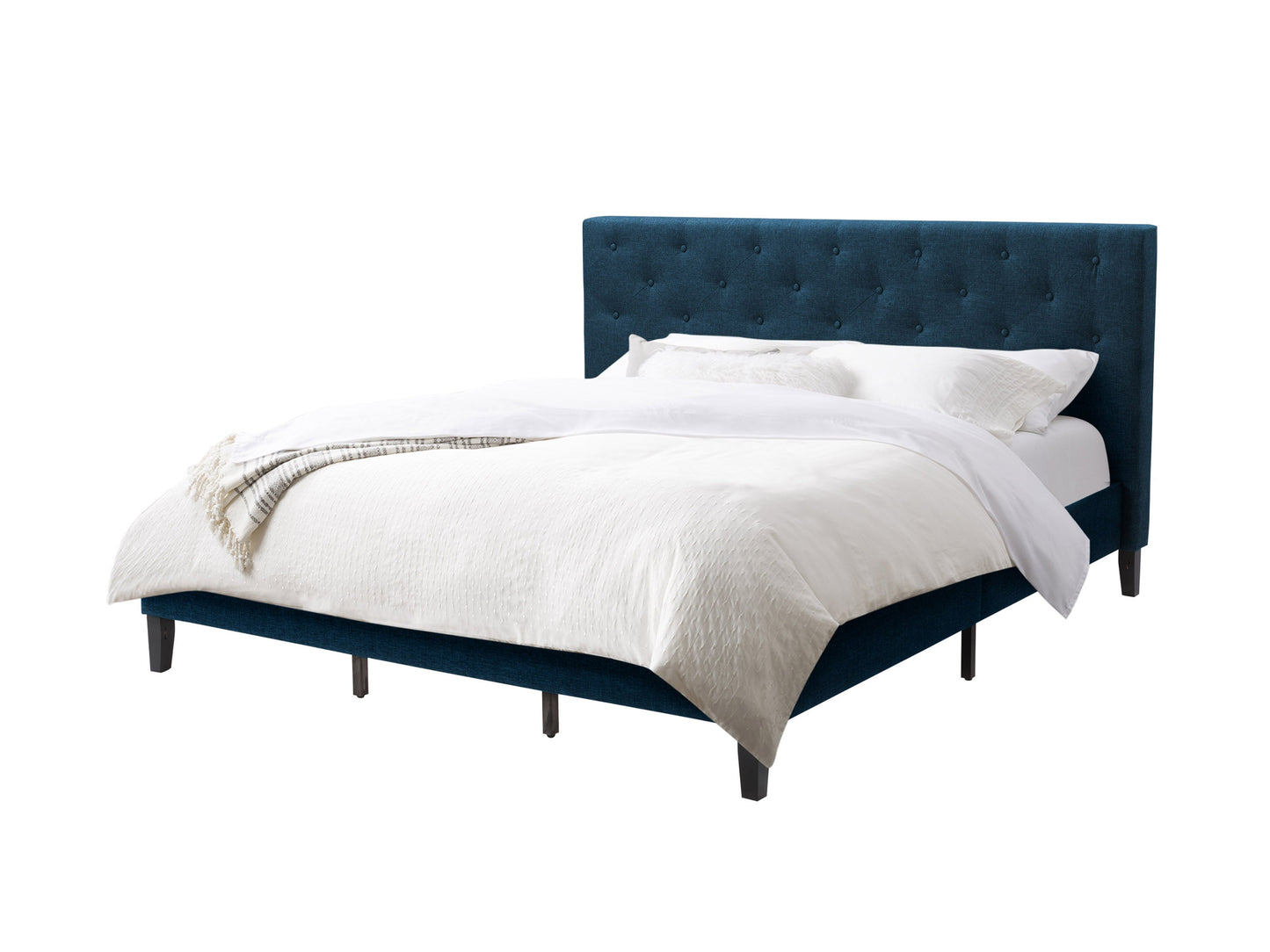 Blue button tufted king bed with plush velvet upholstery, elegant wingback design, and sturdy wooden legs. Ideal for modern bedroom decor, offering both comfort and style.