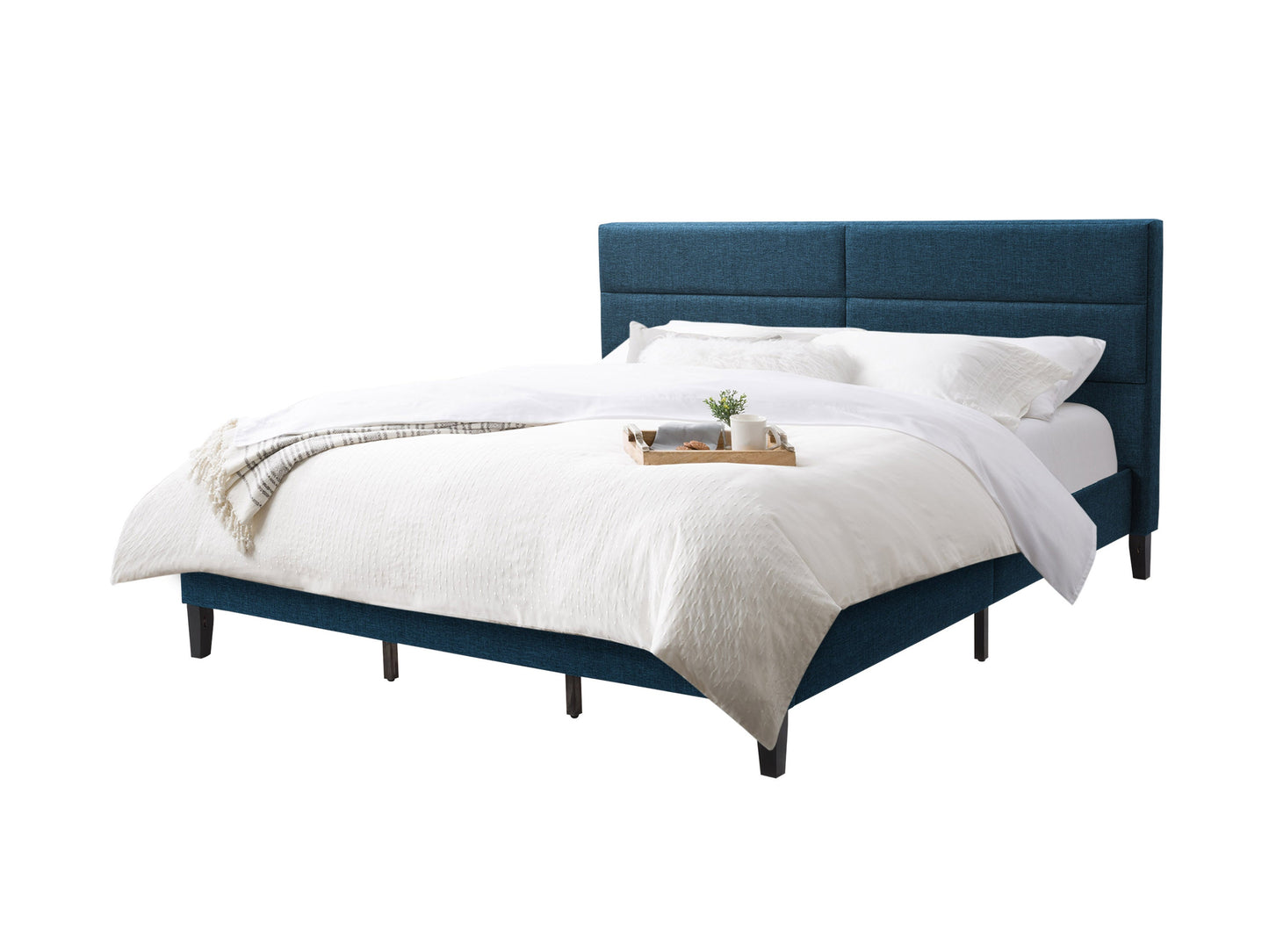 Blue upholstered king bed with tufted headboard, sleek wooden legs, and soft velvet fabric. Perfect for modern bedrooms, offering comfort and style.