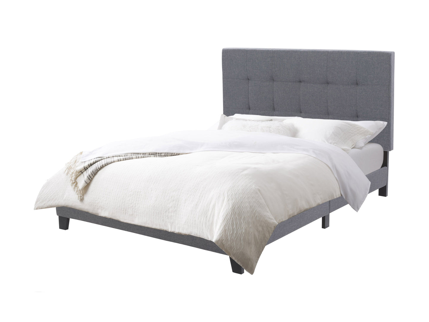 Grey double/full panel bed with a sleek, modern design featuring a padded headboard, wooden frame, and minimalist lines. Ideal for contemporary bedrooms, offering comfort and style with durable construction.