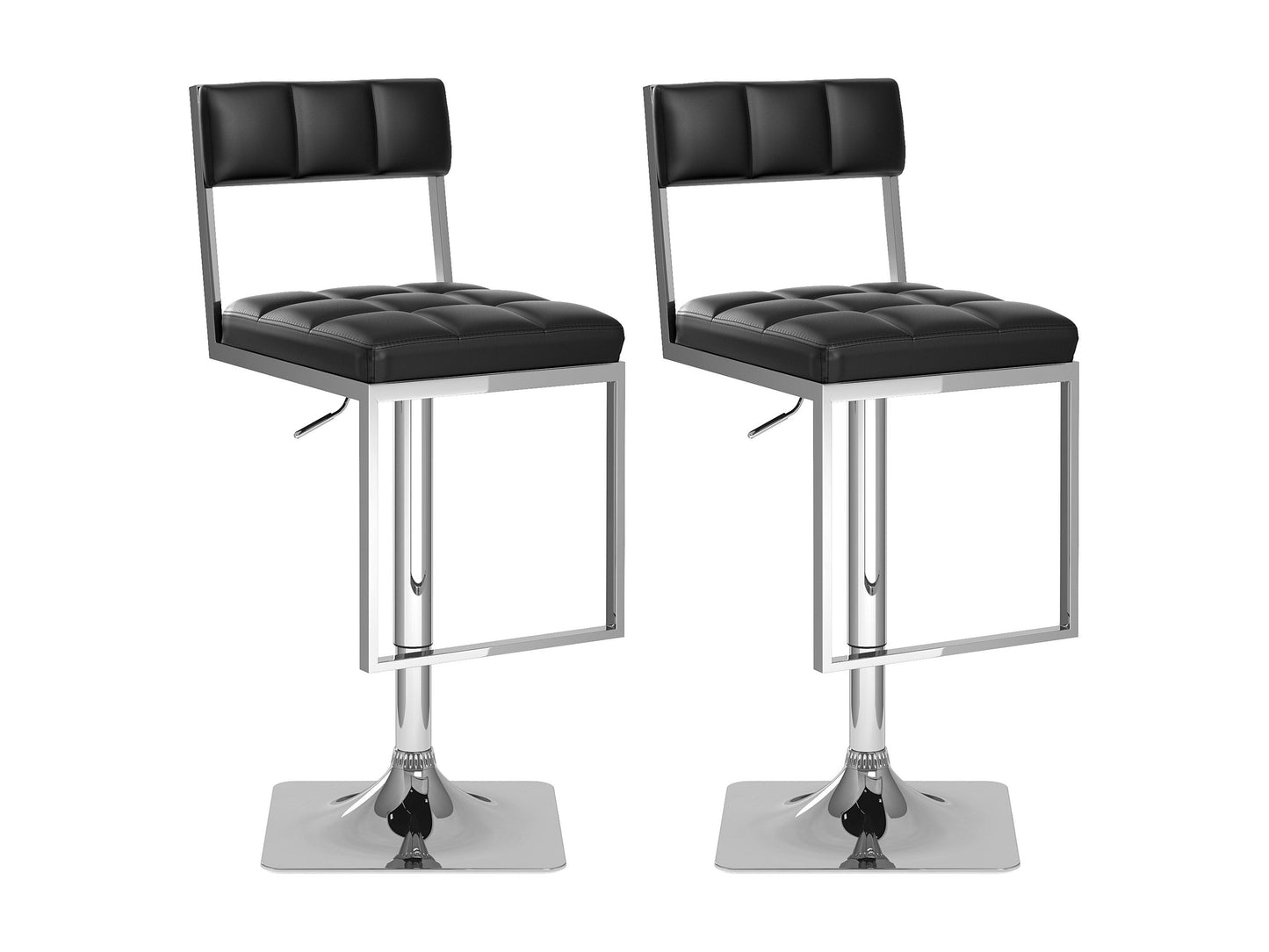 Set of 2 black bar stools with sleek metal legs, cushioned seats, and curved backs. Ideal for modern kitchens or home bars, these stools offer comfort and style with their minimalist design and durable build.