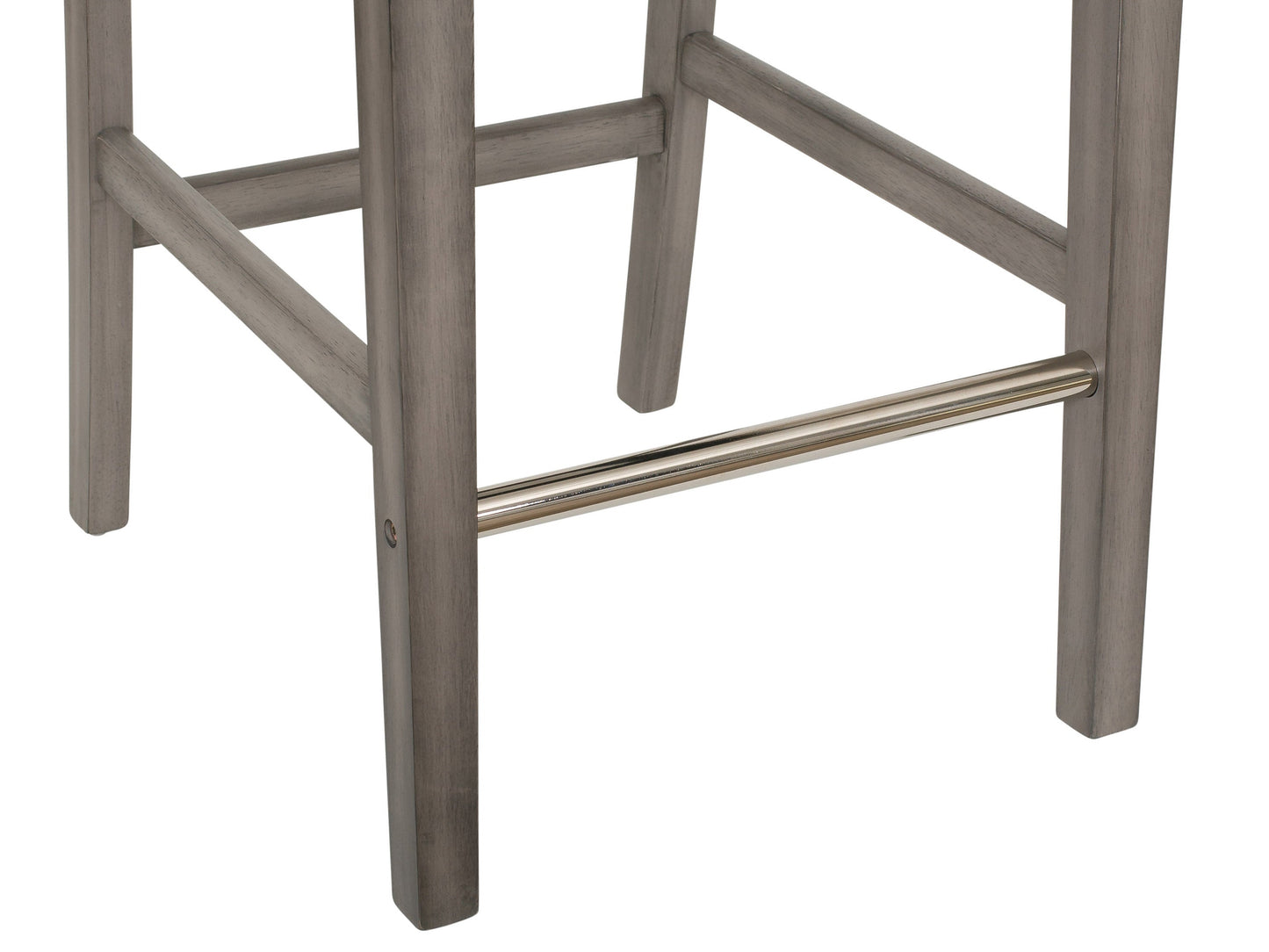 Beige fabric bar height stool with cushioned seat, dark wood legs, and footrest. Ideal for kitchen islands or home bars, this modern stool features a comfortable design and neutral color to match various decor styles.