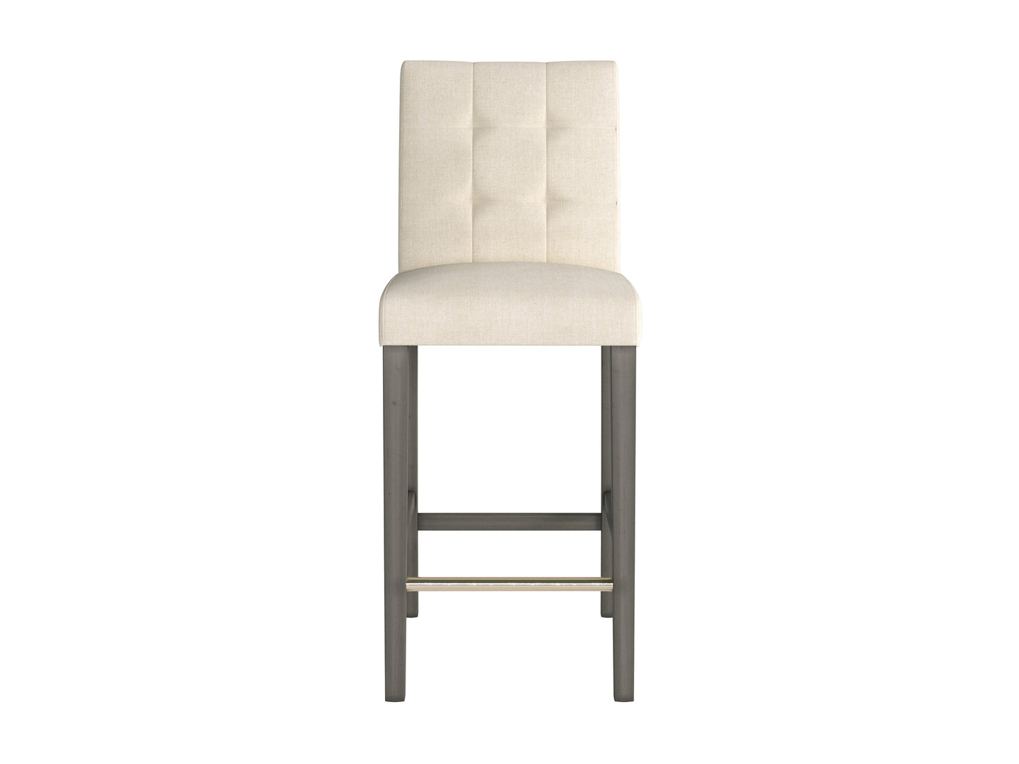 Beige fabric bar height stool with cushioned seat, dark wood legs, and footrest. Ideal for kitchen islands or home bars, this modern stool features a comfortable design and neutral color to match various decor styles.