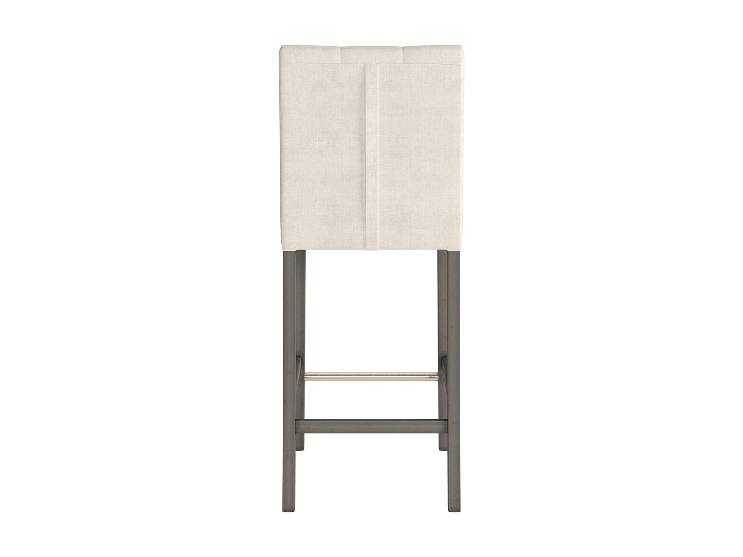 Beige fabric bar height stool with cushioned seat, dark wood legs, and footrest. Ideal for kitchen islands or home bars, this modern stool features a comfortable design and neutral color to match various decor styles.