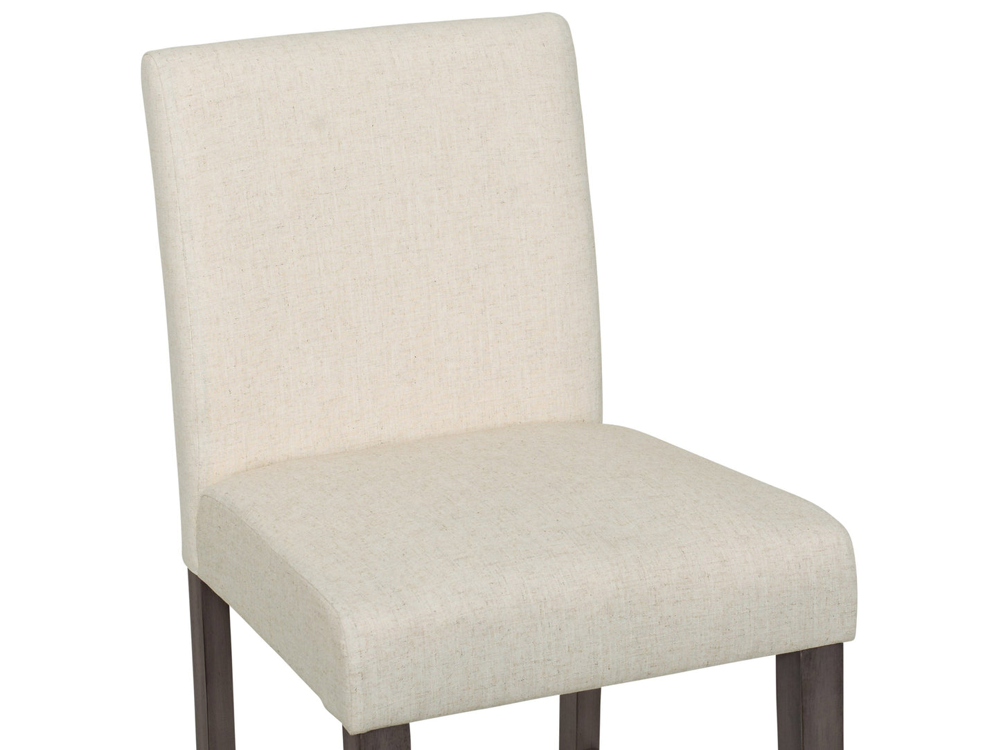 Beige fabric counter height bar stool with cushioned seat, dark wooden legs, and footrest. Ideal for kitchen islands and home bars. Modern design with a comfortable backrest and durable upholstery.