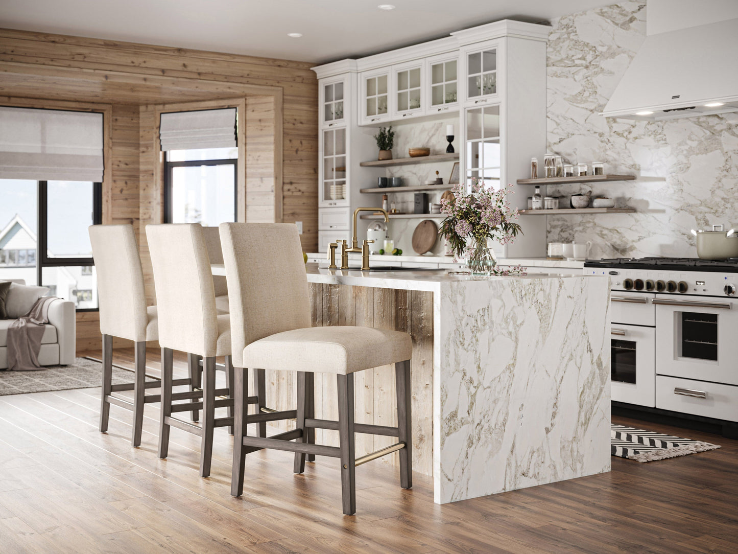 Beige fabric counter height bar stool with cushioned seat, dark wooden legs, and footrest. Ideal for kitchen islands and home bars. Modern design with a comfortable backrest and durable upholstery.