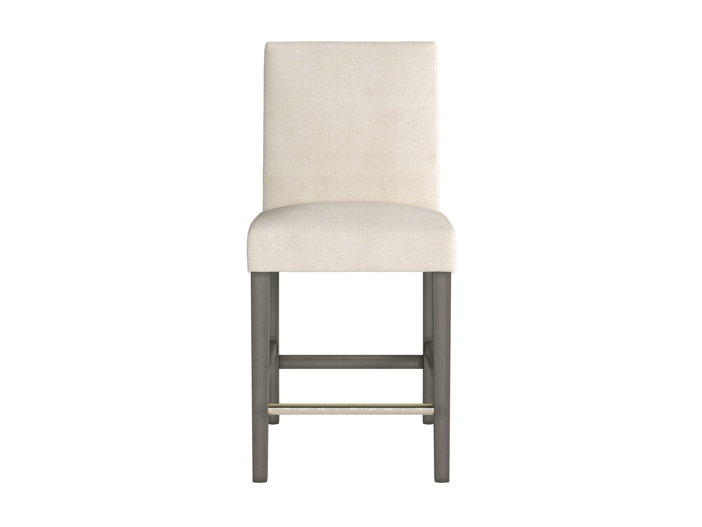 Beige fabric counter height bar stool with cushioned seat, dark wooden legs, and footrest. Ideal for kitchen islands and home bars. Modern design with a comfortable backrest and durable upholstery.