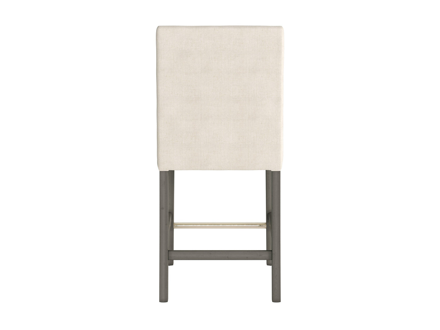Beige fabric counter height bar stool with cushioned seat, dark wooden legs, and footrest. Ideal for kitchen islands and home bars. Modern design with a comfortable backrest and durable upholstery.