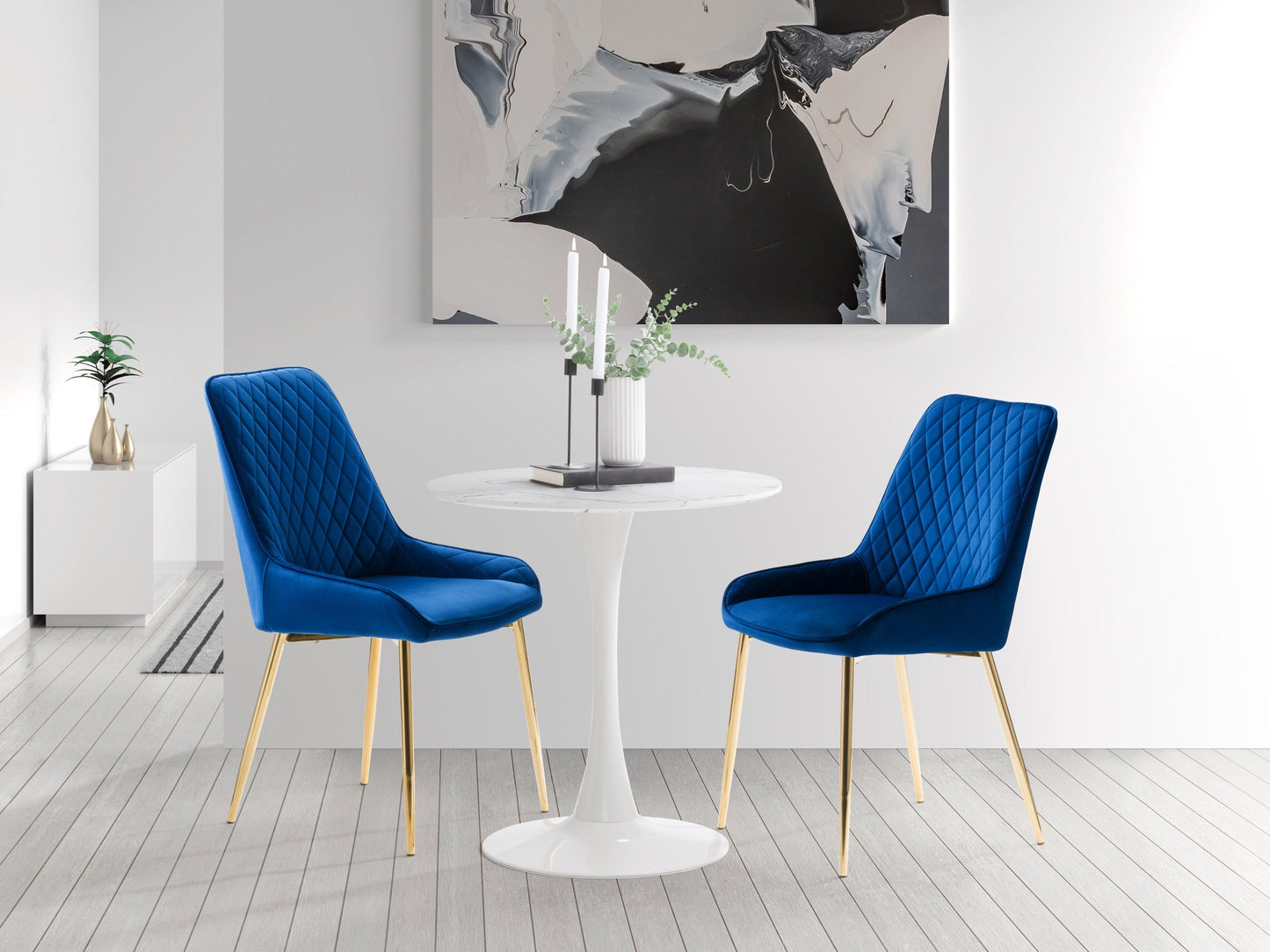 Navy blue velvet dining chairs set of 2 with gold metal legs, tufted backrest, and ergonomic design for modern dining rooms.