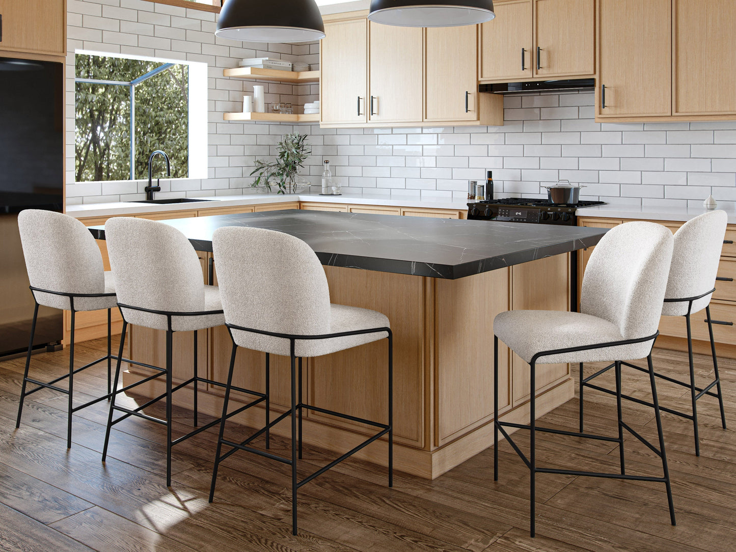 White boucle bar stool with plush, textured upholstery, sleek wooden legs, and a comfortable backrest, ideal for modern kitchens or home bars.