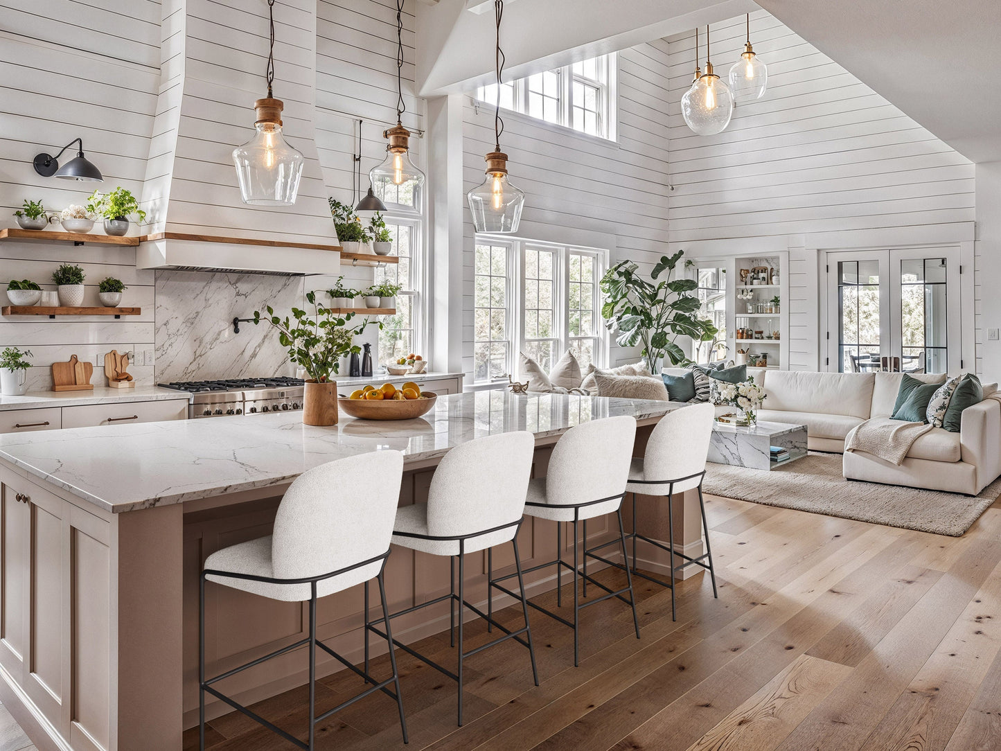 White boucle bar stool with plush, textured upholstery, sleek wooden legs, and a comfortable backrest, ideal for modern kitchens or home bars.
