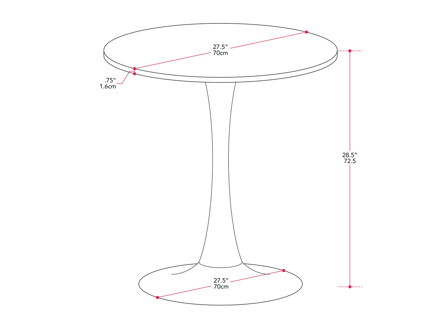 White marble round bistro dining table with sleek metal base, 28-inch, modern minimalist design.