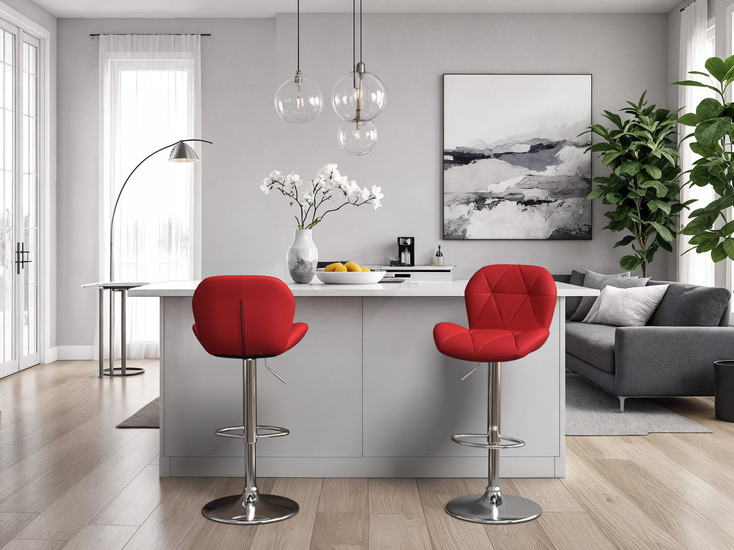 Geo-Tufted Red Vegan Leather Stools