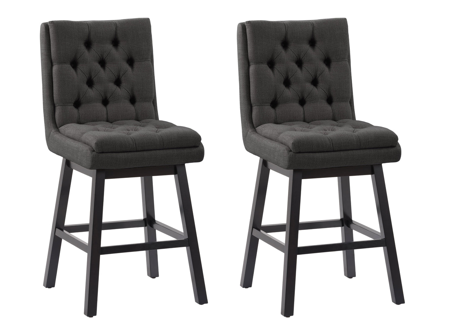 Dark grey button tufted bar stools with wooden legs and footrest, featuring plush fabric upholstery and a classic design, perfect for modern and contemporary kitchen or bar settings.