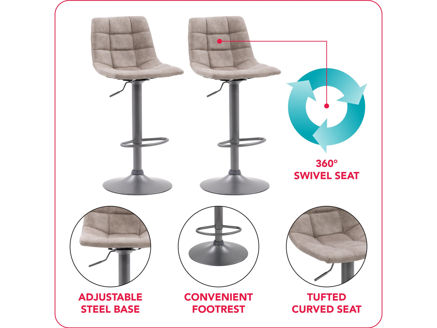 Light grey swivel bar stools, set of 2, featuring cushioned seats, sleek metal frames, and footrests; perfect for modern kitchen islands or home bars.