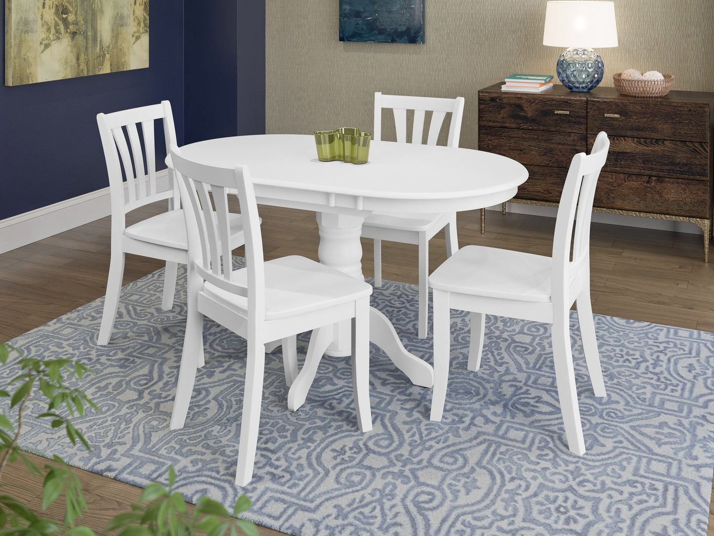 Alt Tag: White extendable oval dining table with four matching chairs, featuring sleek lines and a minimalist design, perfect for modern dining rooms.