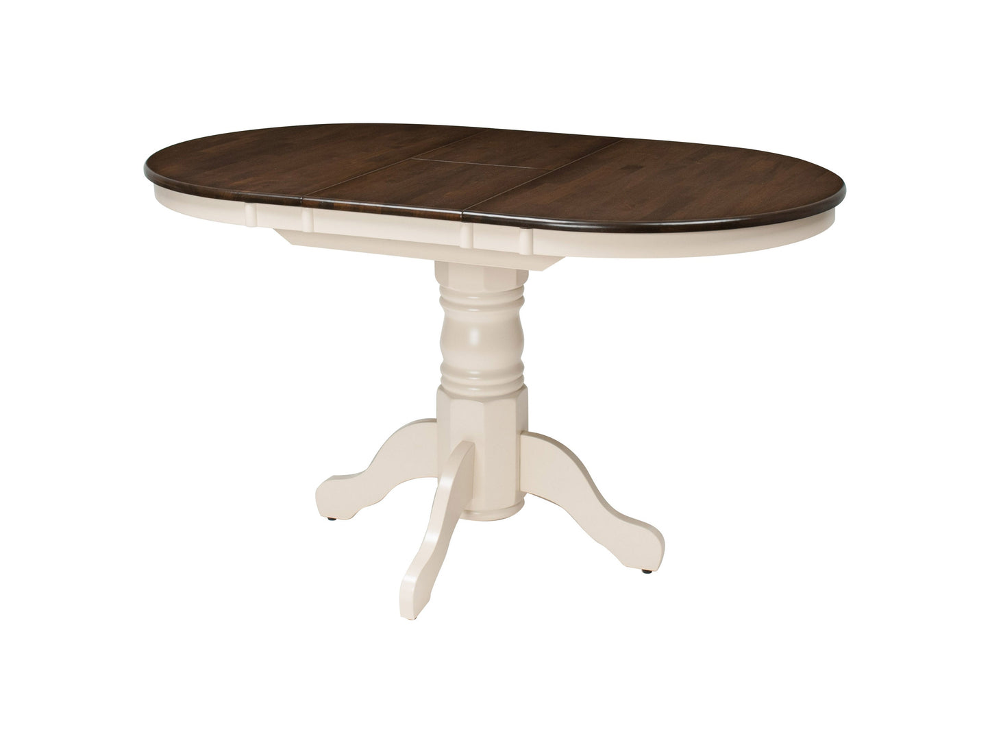 Alt Text:
Dark brown oval extendable dining table with cream upholstered chairs, wooden legs, and smooth finish, perfect for modern dining rooms.