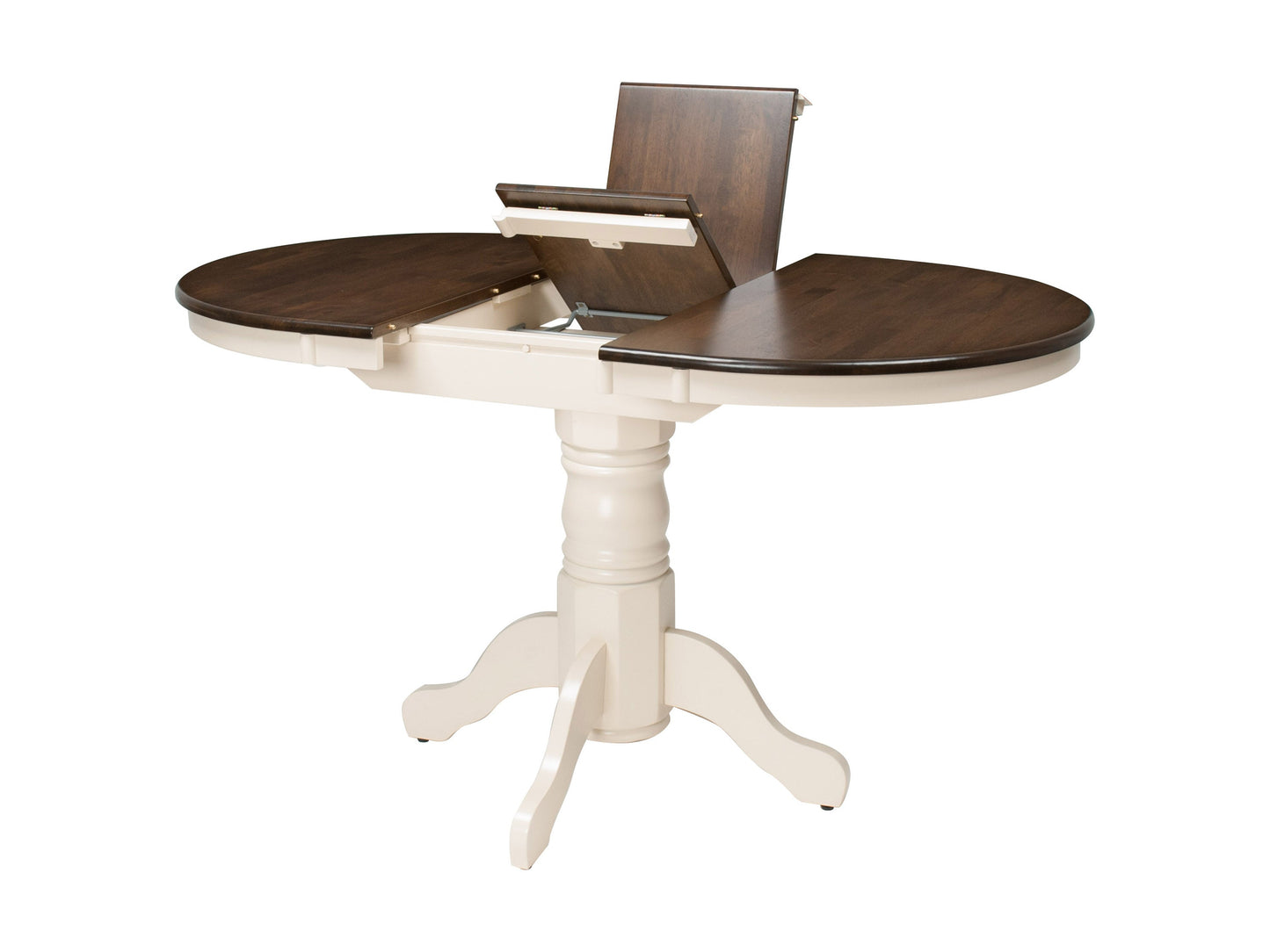 Alt Text:
Dark brown oval extendable dining table with cream upholstered chairs, wooden legs, and smooth finish, perfect for modern dining rooms.