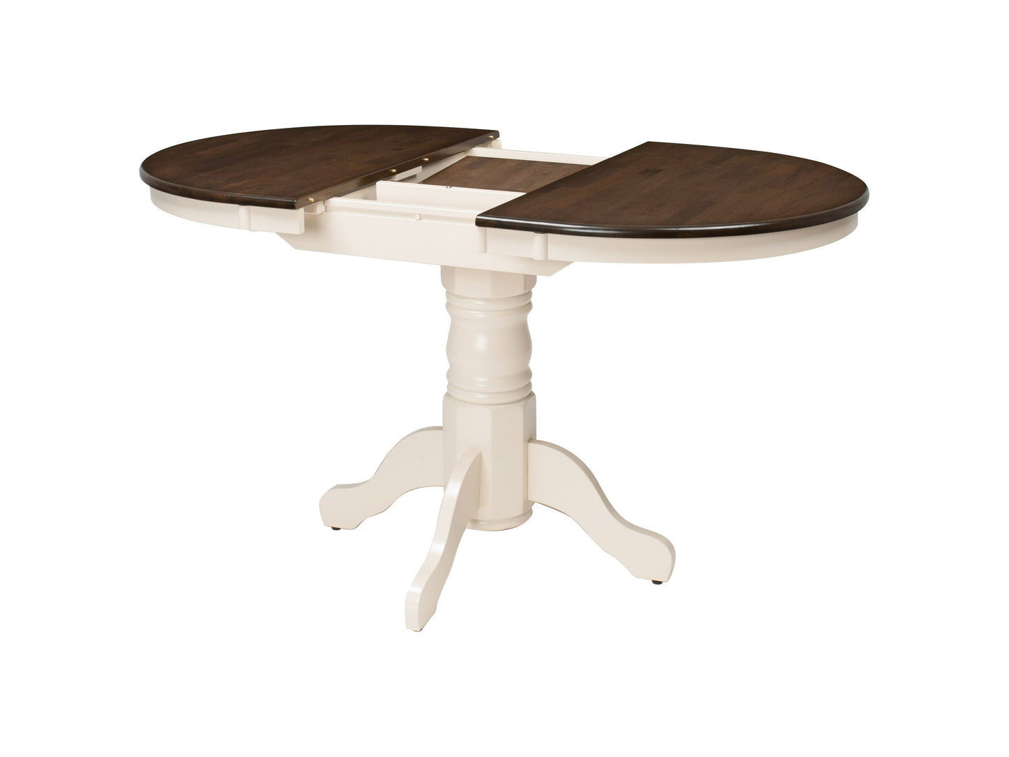 Alt Text:
Dark brown oval extendable dining table with cream upholstered chairs, wooden legs, and smooth finish, perfect for modern dining rooms.