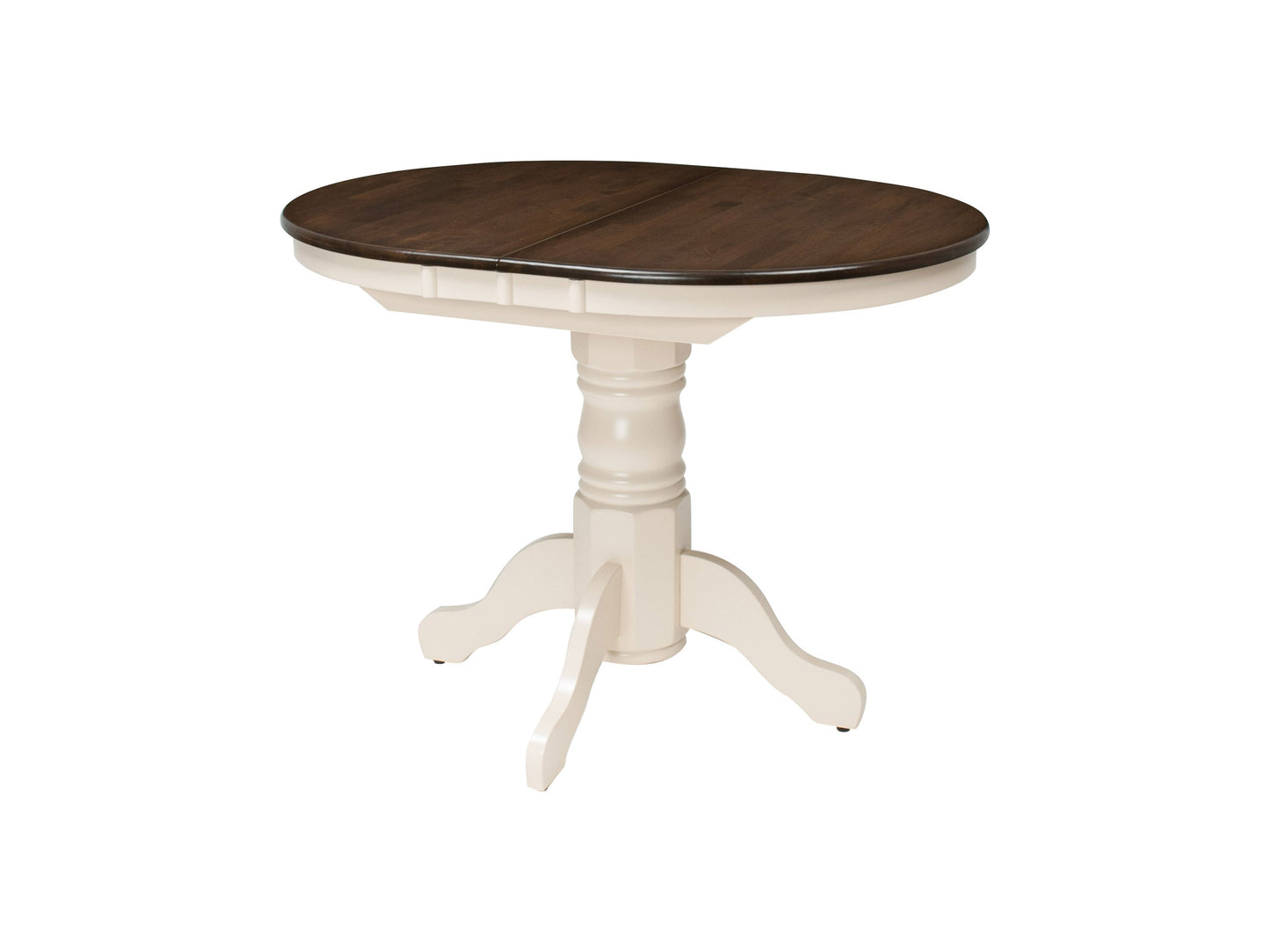 Alt Text:
Dark brown oval extendable dining table with cream upholstered chairs, wooden legs, and smooth finish, perfect for modern dining rooms.