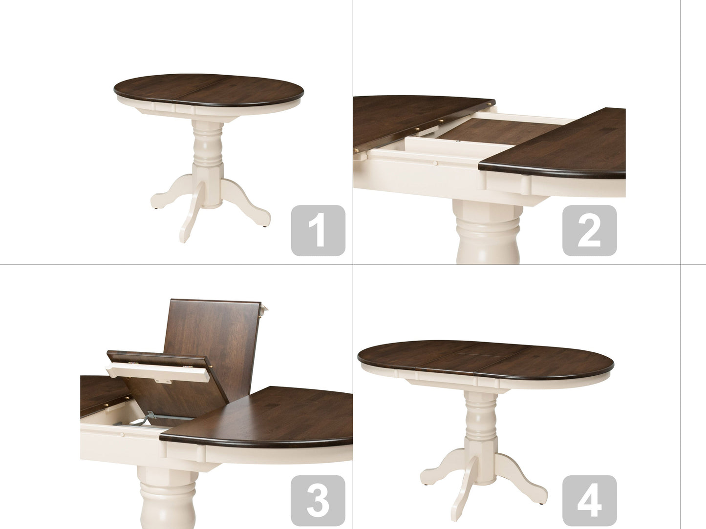 Alt Text:
Dark brown oval extendable dining table with cream upholstered chairs, wooden legs, and smooth finish, perfect for modern dining rooms.