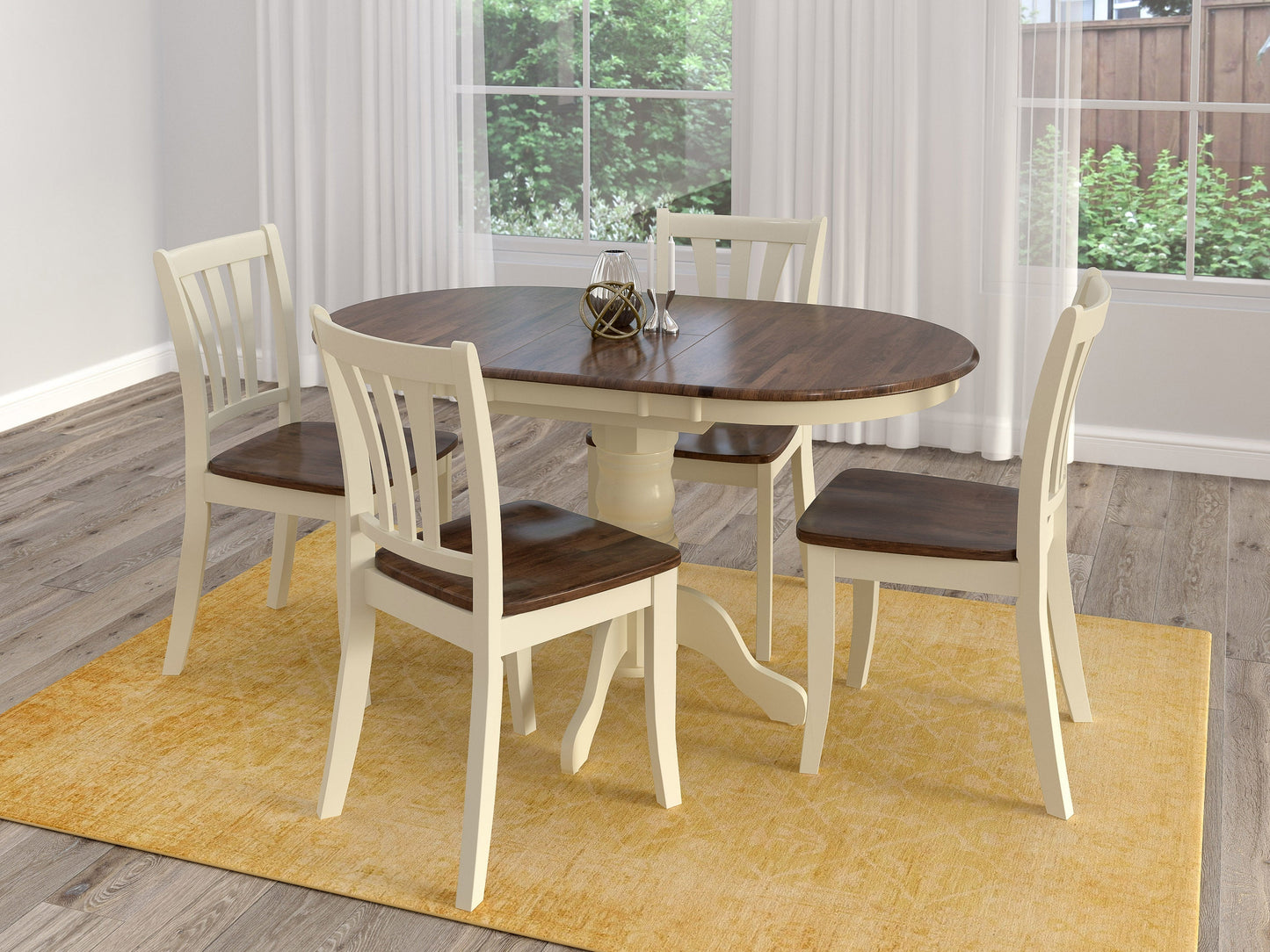 Alt Text:
Dark brown oval extendable dining table with cream upholstered chairs, wooden legs, and smooth finish, perfect for modern dining rooms.