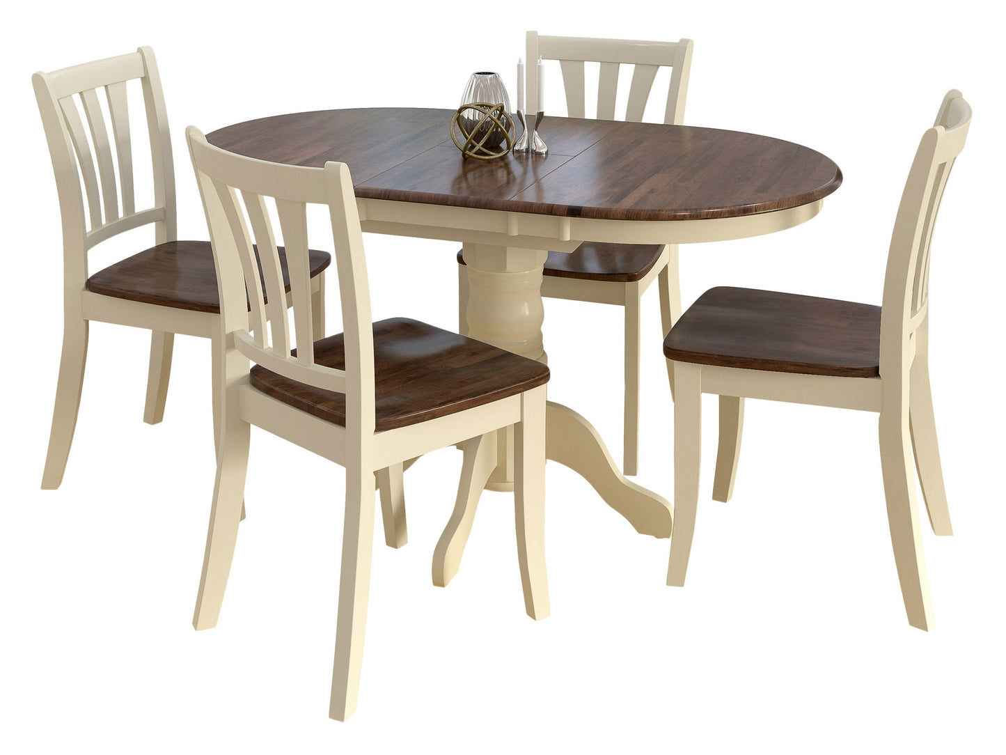 Alt Text:
Dark brown oval extendable dining table with cream upholstered chairs, wooden legs, and smooth finish, perfect for modern dining rooms.