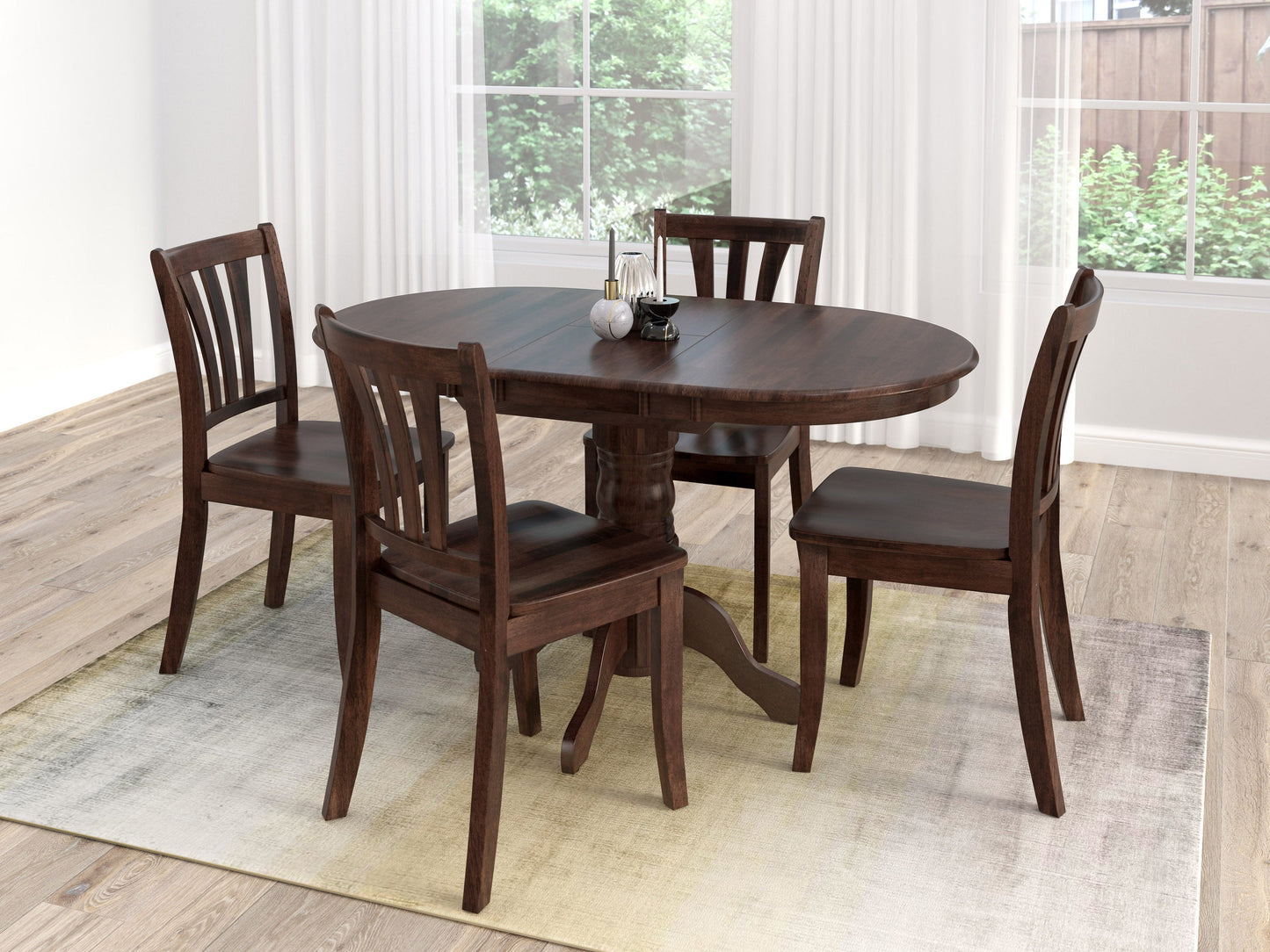 Espresso-colored extendable oval dining table set with 4 matching chairs, wooden construction, sleek finish, and modern design, perfect for contemporary dining rooms and family gatherings.