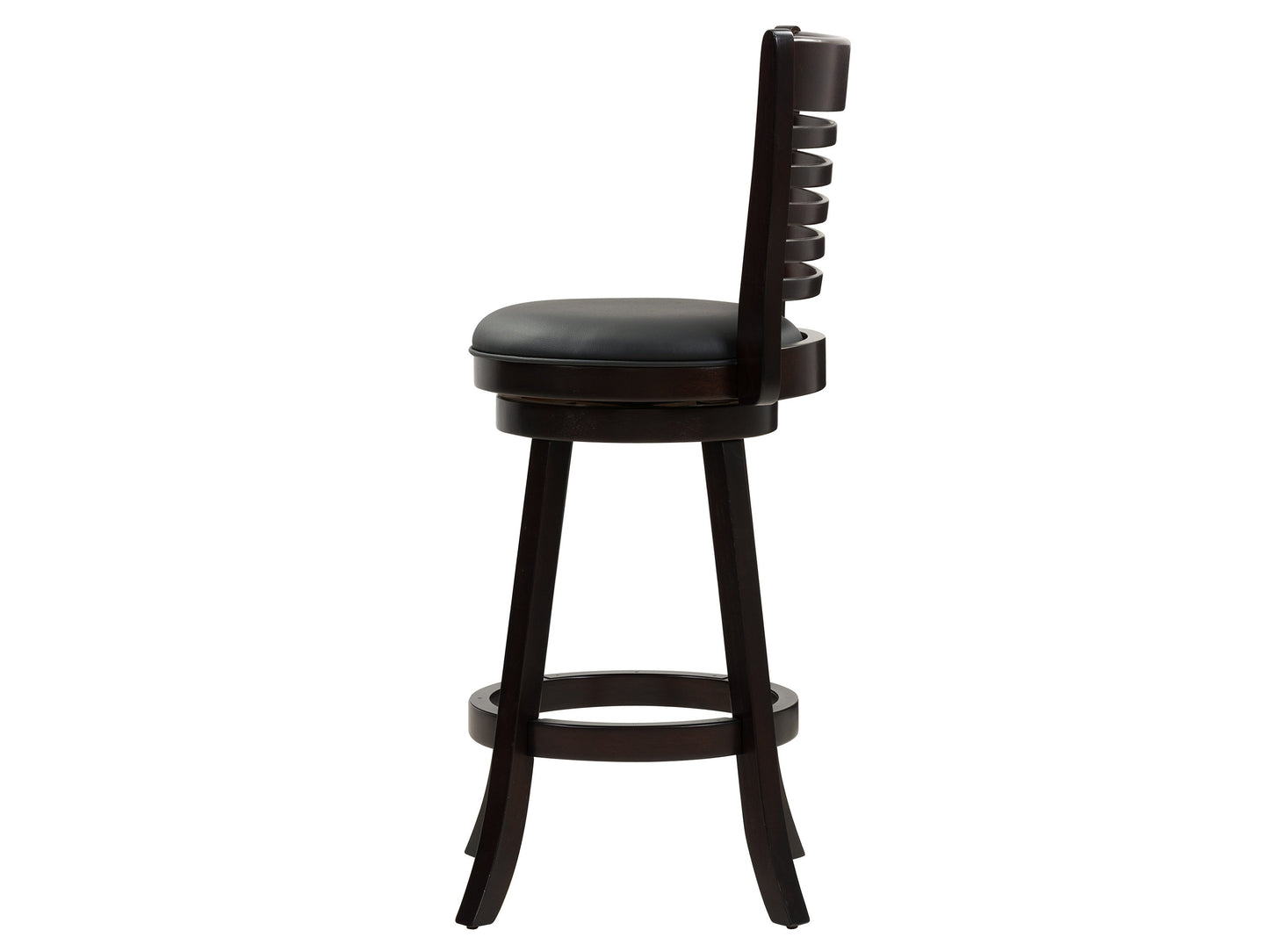 Set of 2 black bar height bar stools with sleek metal frames, cushioned seats, and footrests. Modern design with durable materials ideal for kitchen islands or home bars.