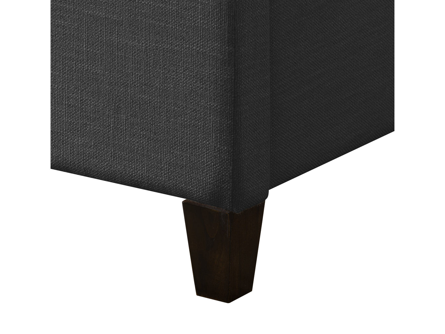 Dark grey upholstered king bed with tufted headboard, sturdy wooden frame, and plush fabric finish. Ideal for modern bedrooms, combining comfort and style with a sleek, contemporary design.