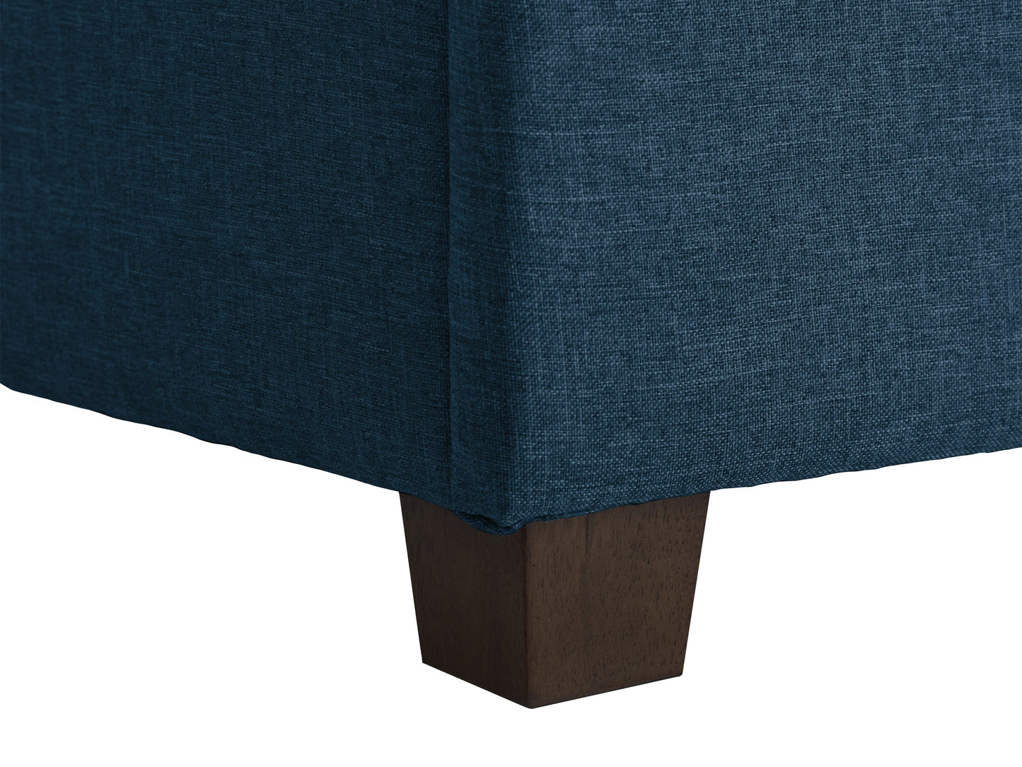 Blue large storage ottoman with tufted top, upholstered in soft fabric, featuring spacious interior storage and sturdy wooden legs, perfect for living room or bedroom organization and seating.