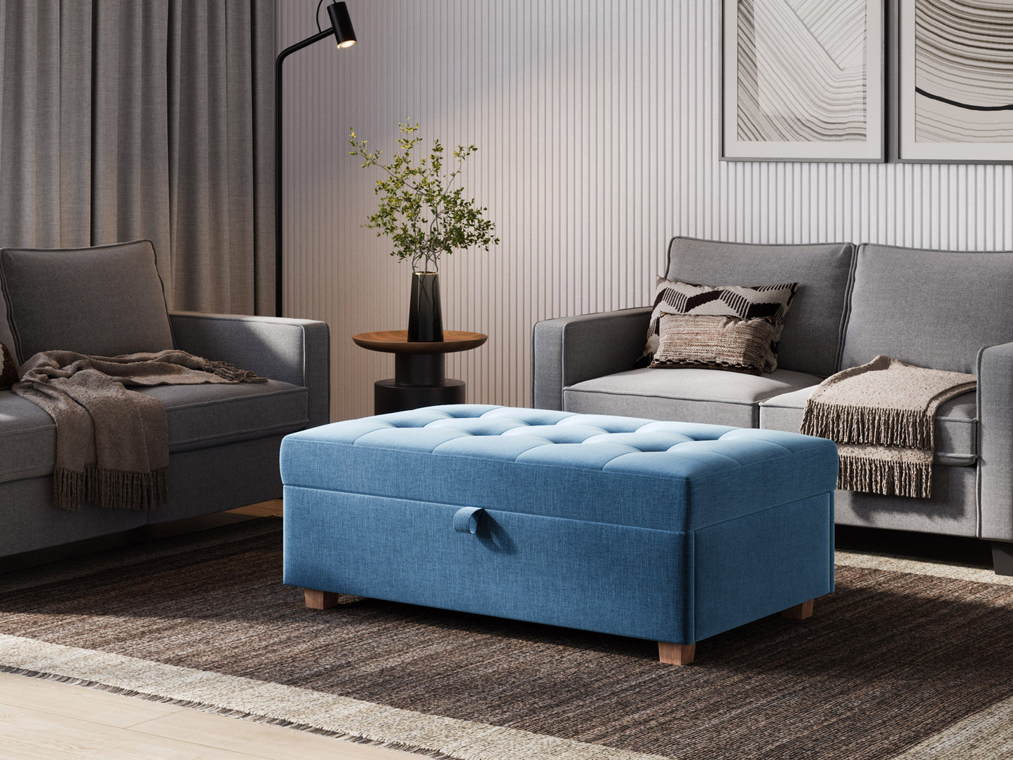 Blue large storage ottoman with tufted top, upholstered in soft fabric, featuring spacious interior storage and sturdy wooden legs, perfect for living room or bedroom organization and seating.