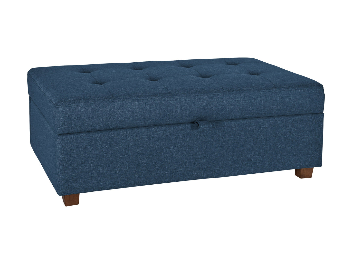 Blue large storage ottoman with tufted top, upholstered in soft fabric, featuring spacious interior storage and sturdy wooden legs, perfect for living room or bedroom organization and seating.