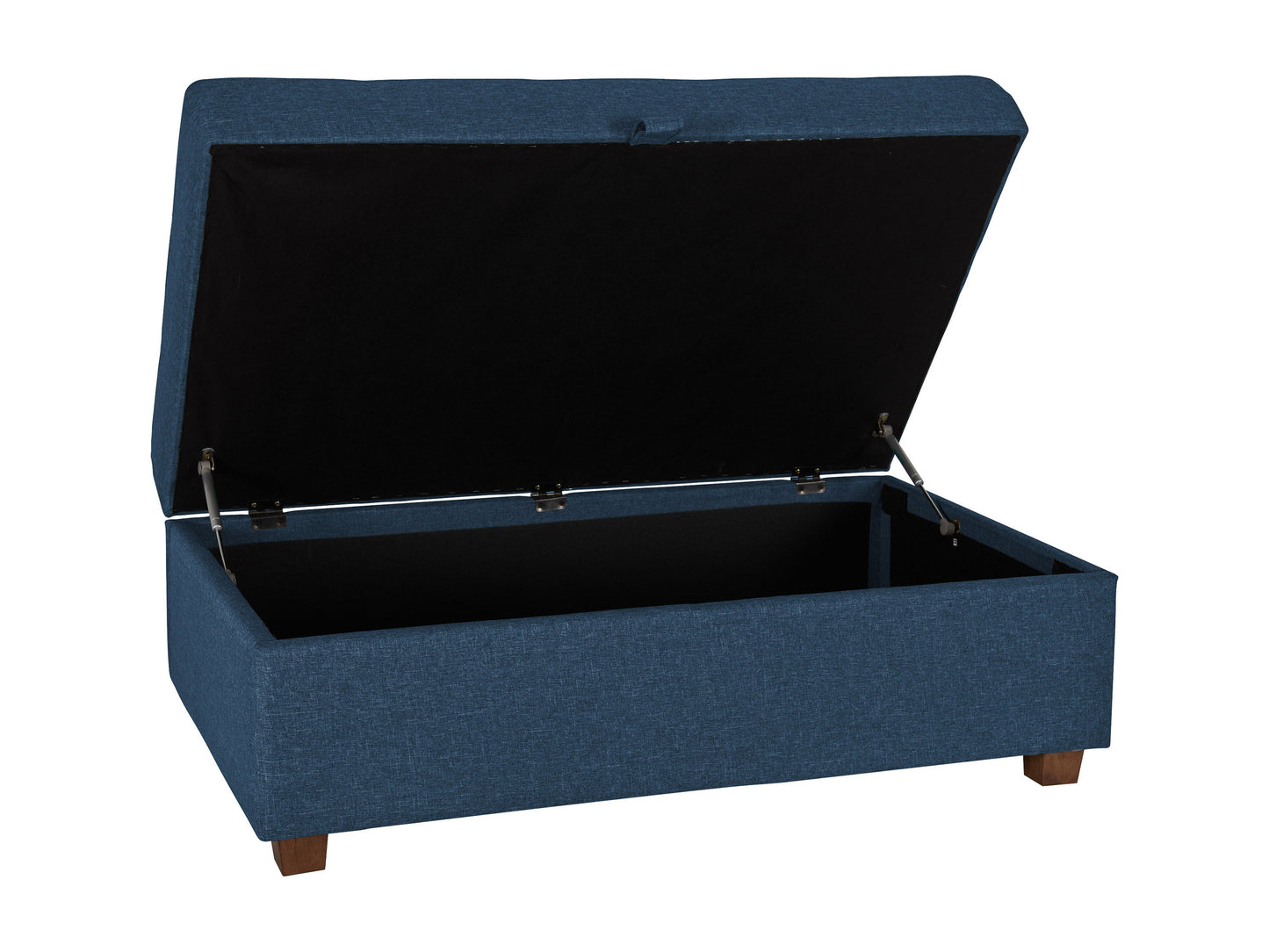 Blue large storage ottoman with tufted top, upholstered in soft fabric, featuring spacious interior storage and sturdy wooden legs, perfect for living room or bedroom organization and seating.