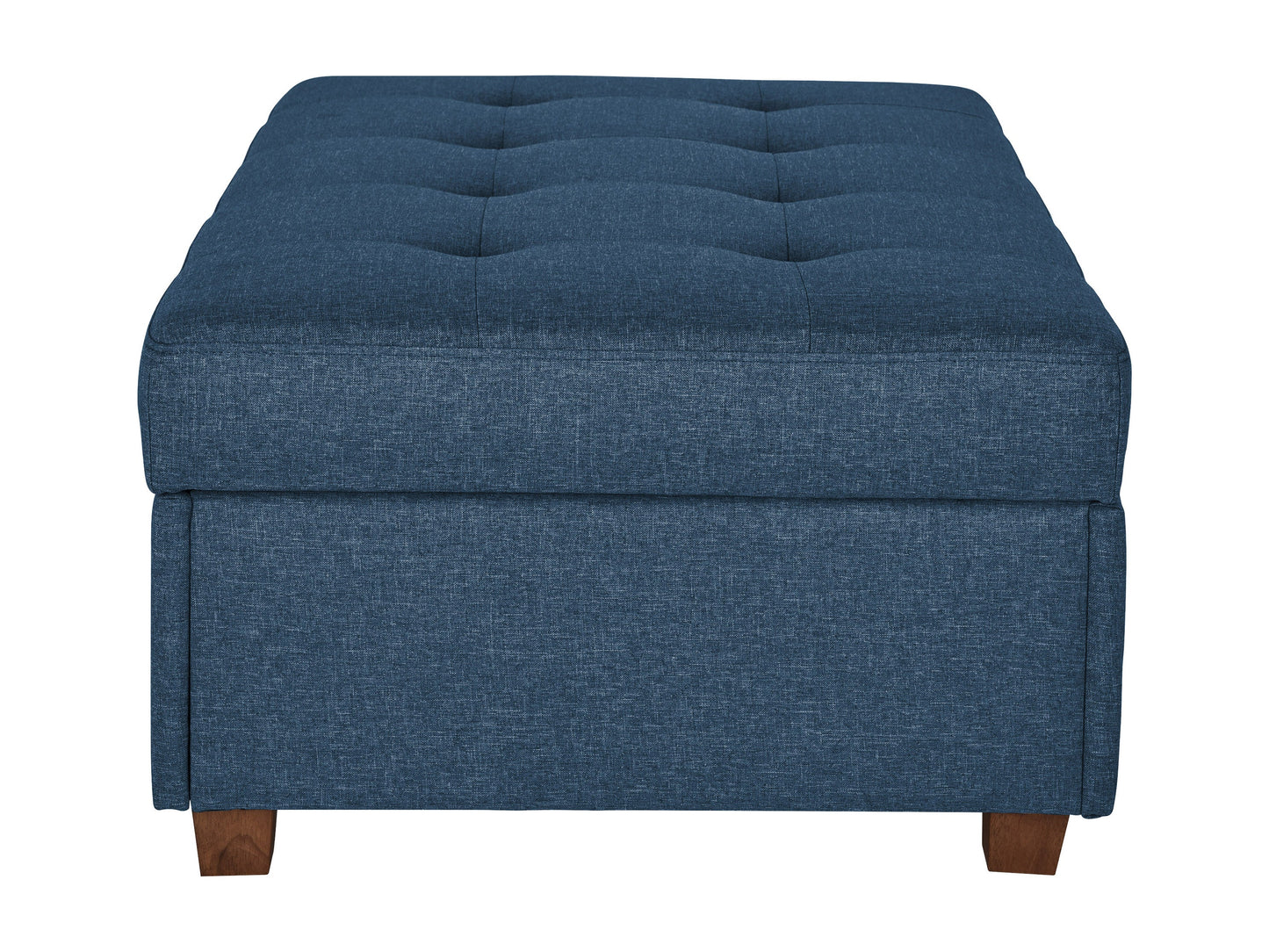 Blue large storage ottoman with tufted top, upholstered in soft fabric, featuring spacious interior storage and sturdy wooden legs, perfect for living room or bedroom organization and seating.