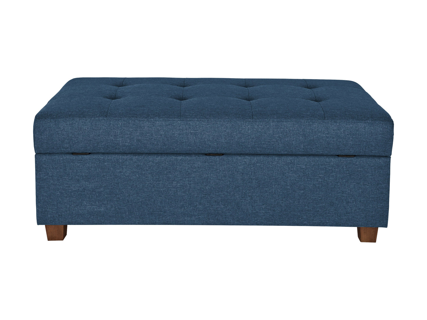 Blue large storage ottoman with tufted top, upholstered in soft fabric, featuring spacious interior storage and sturdy wooden legs, perfect for living room or bedroom organization and seating.