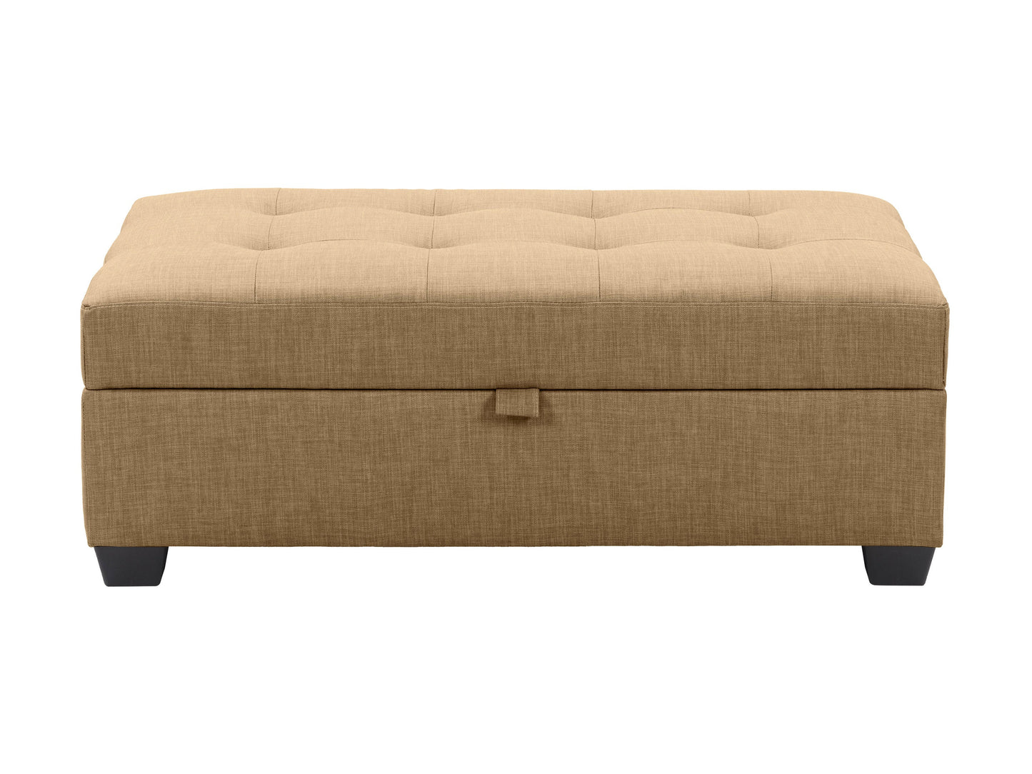 Beige tufted storage bench ottoman with wooden legs, soft fabric upholstery, and button-tufted detailing. Ideal for living rooms or bedrooms, offering both seating and hidden storage.
