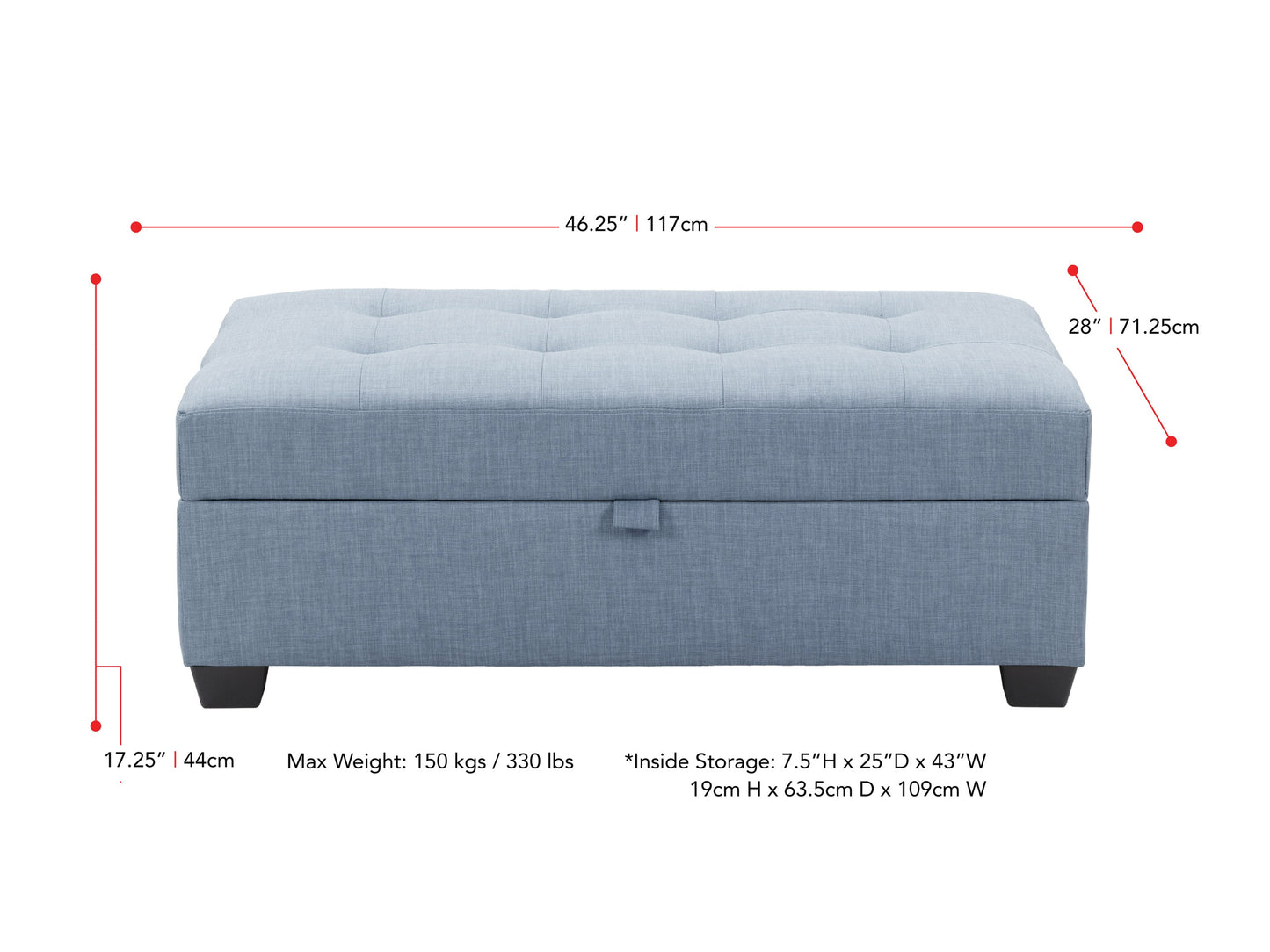 Tufted storage ottoman in beige linen fabric with button-tufted top, wooden legs, and spacious interior storage. Ideal for living room or bedroom decor, offering both style and functionality.