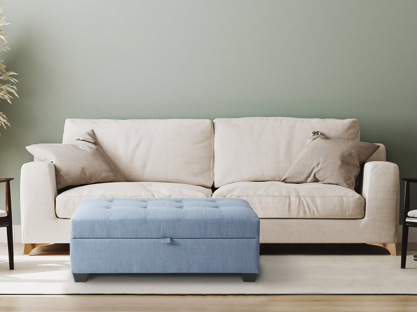 Tufted storage ottoman in beige fabric with wooden legs, featuring button-tufted design, padded seat, and hidden compartment for extra storage. Perfect for living room or bedroom decor.