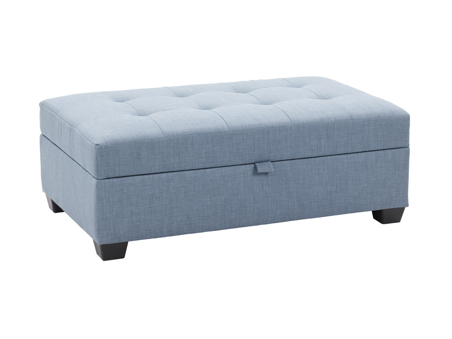 Elegant tufted storage ottoman in rich navy blue velvet with gold metal legs, featuring a spacious interior for storage, diamond-patterned button tufting, and a plush cushioned top for extra seating.