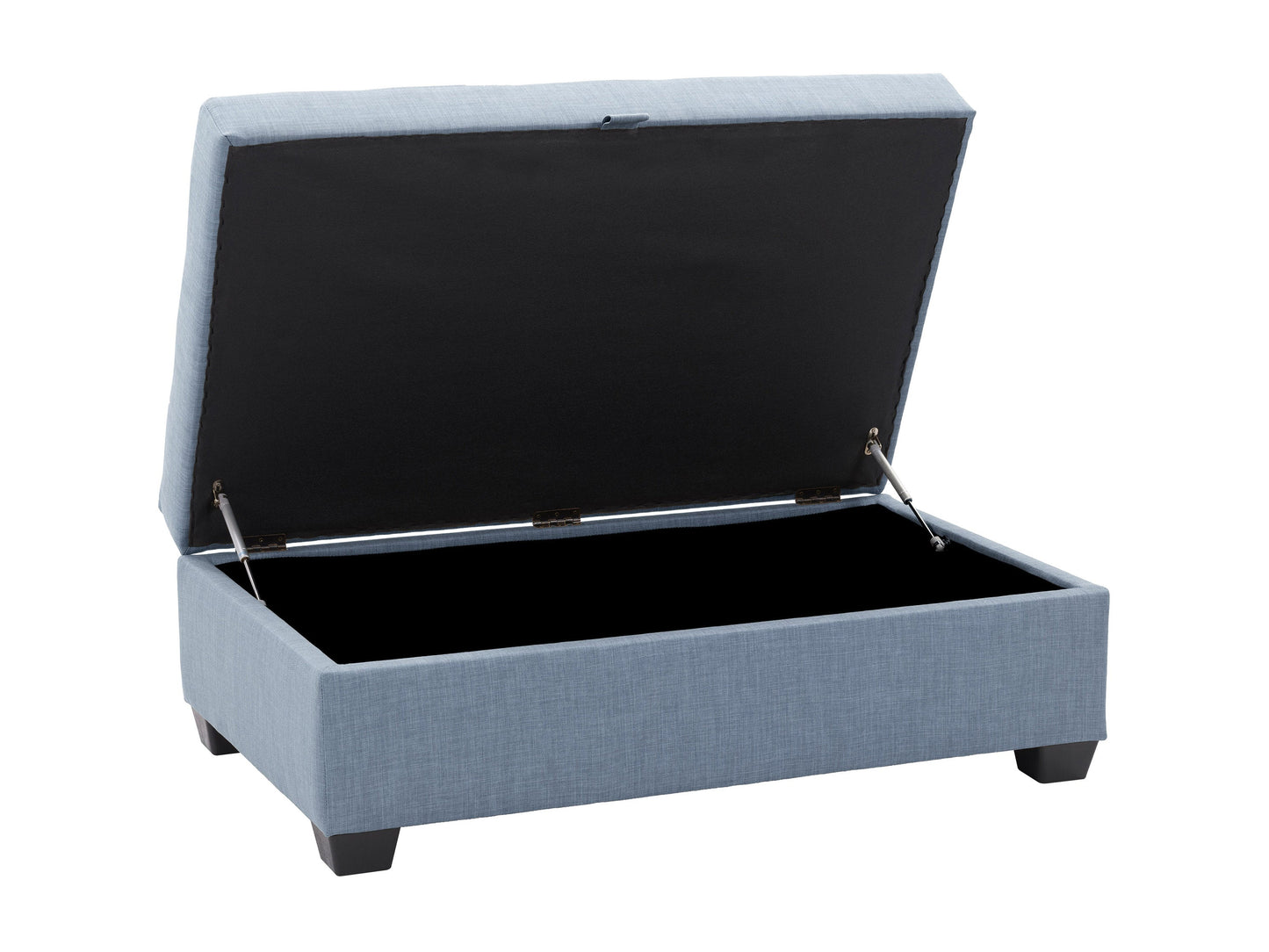 Tufted storage ottoman in light grey fabric with button-tufted top, wooden legs, and spacious interior storage. Elegant and functional, perfect for living room or bedroom decor.